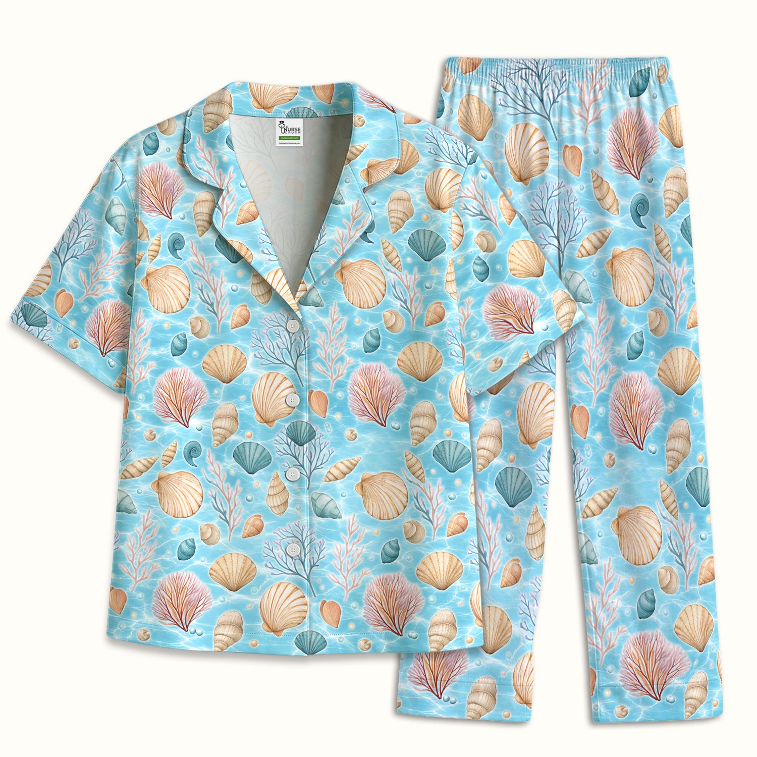 Cute Nurse Coastal Seashell And Coral Reef Pajama Set, Breathable Fabrics Uniform
