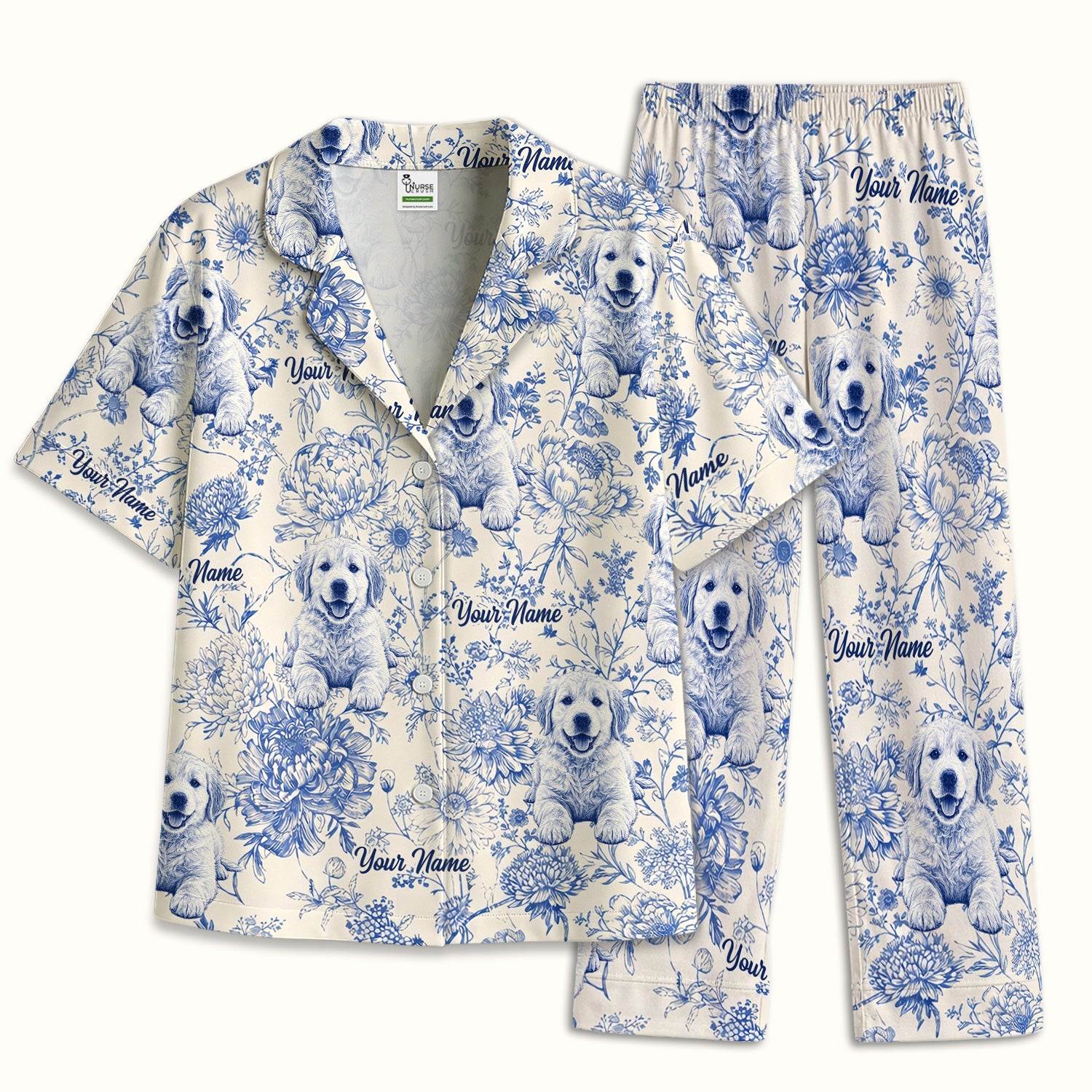 Personalized Custom Pet Photo Name Floral Pattern Pajama Set, Soft Breathable Fabric Comfortable Sleepwear
