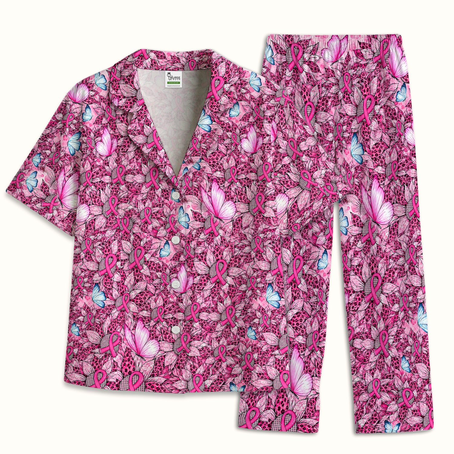 Pink Ribbon Butterfly Pajama Set, Soft Breathable Fabric Comfortable Sleepwear