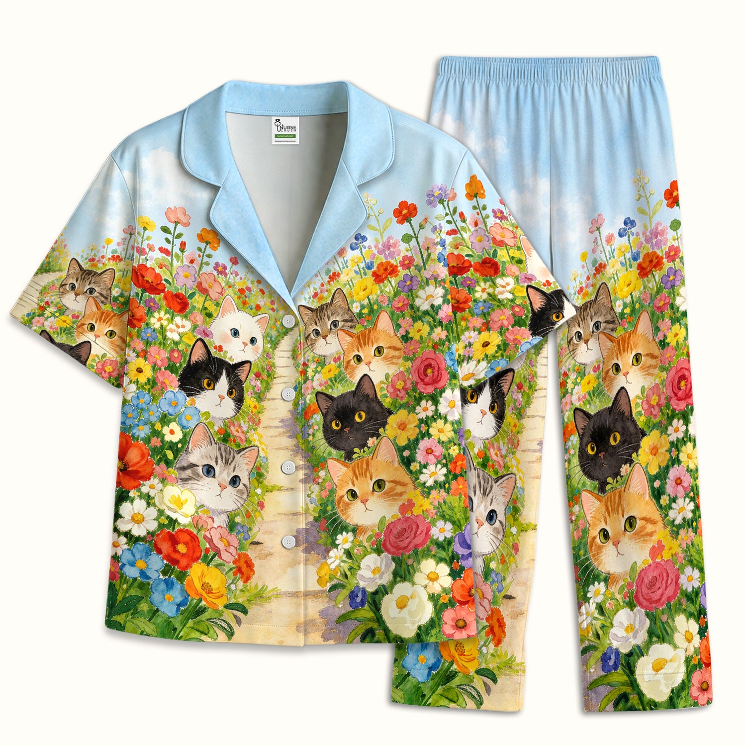 Cute Garden Cats Flower Path Pattern Pajama Set, Soft Breathable Fabric Comfortable Sleepwear