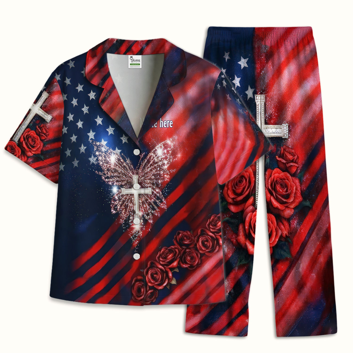 Custom Name Patriotic Cross Butterfly Rose Print Pajama Set, Soft Breathable Fabric Comfortable Sleepwear