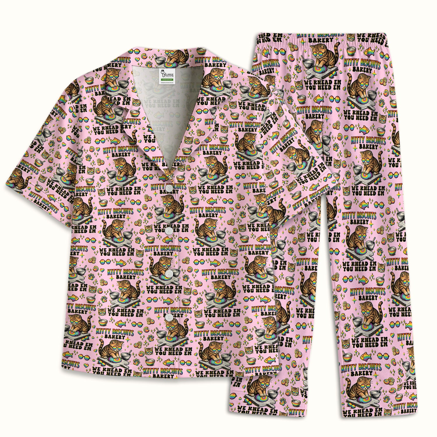 Pride Nurse Cat Baking Rainbow Dough Pattern Pajama Set, Breathable Fabrics Uniform
