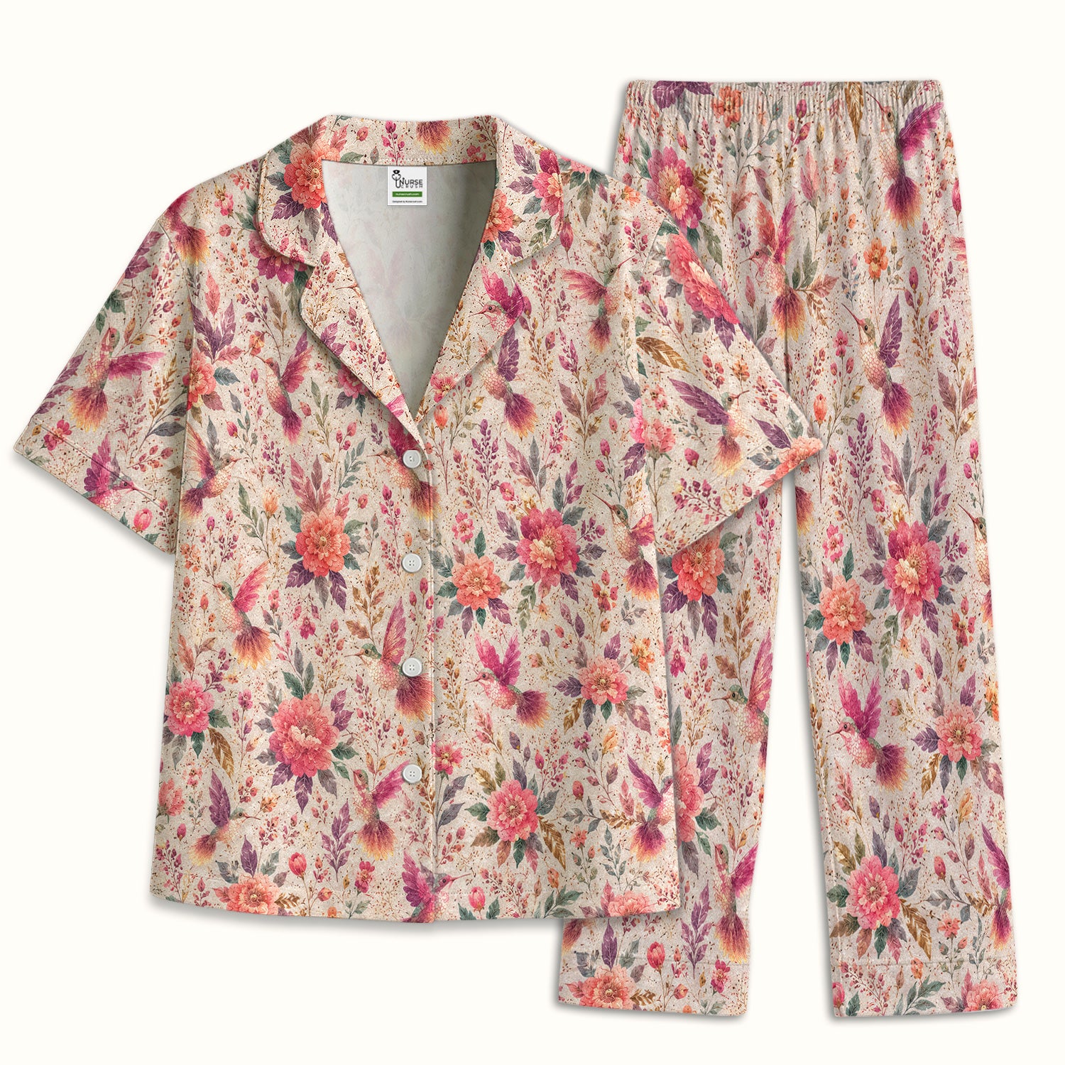 Hummingbird Floral Garden Pattern Pajama Set, Soft Breathable Fabric Comfortable Sleepwear