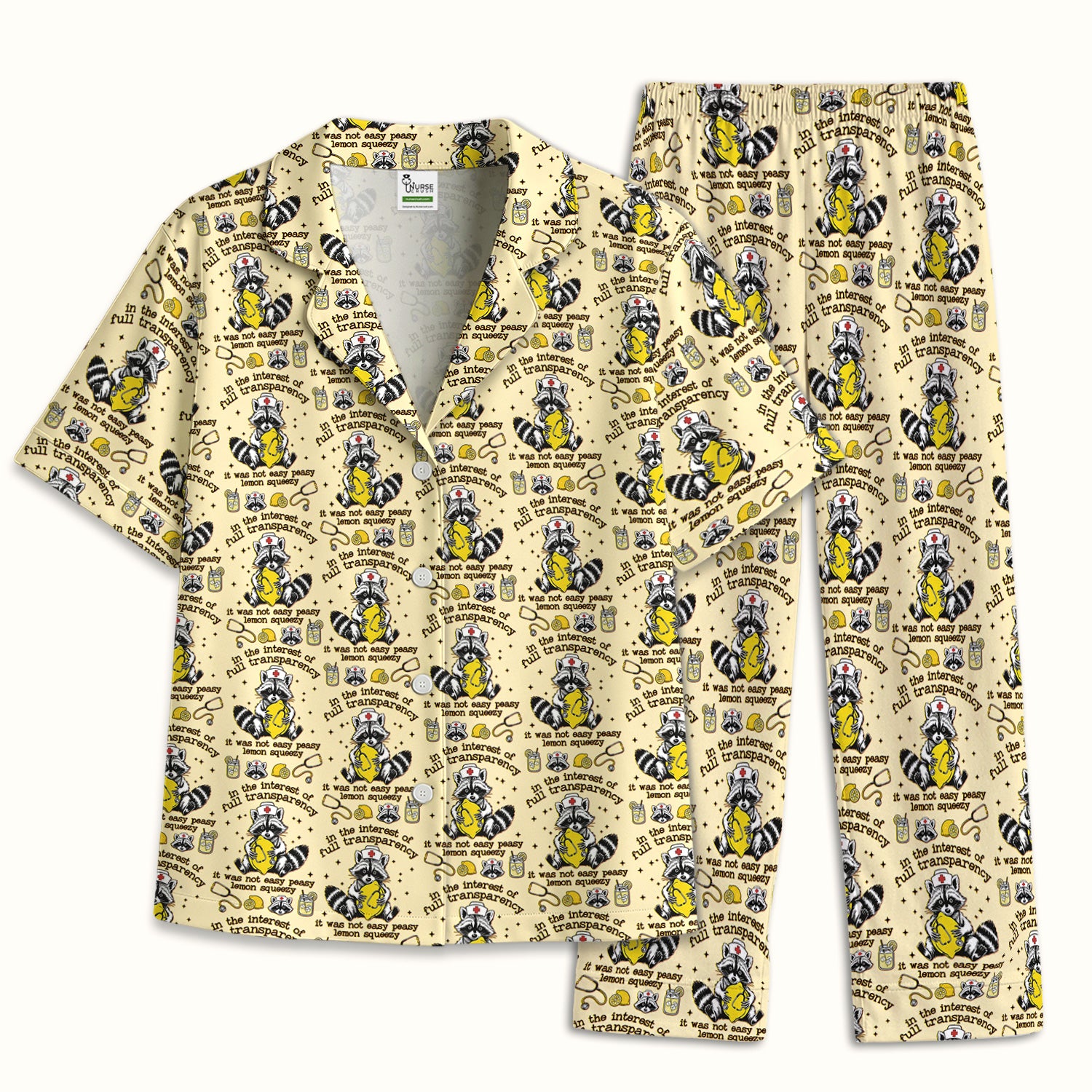 Raccoon Lemon Quote Medical Humor Pattern Pajama Set, Breathable Fabrics Uniform