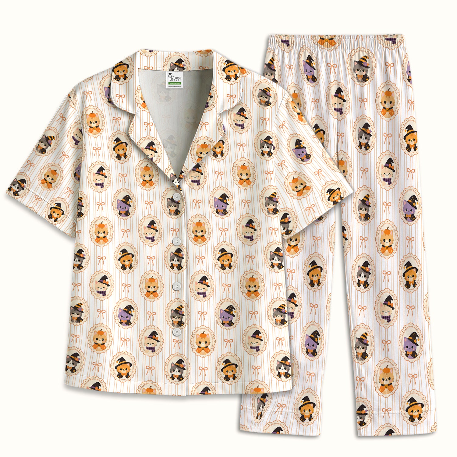 Cute Halloween Cat Stripe Pattern Pajama Set, Soft Breathable Fabric Comfortable Sleepwear