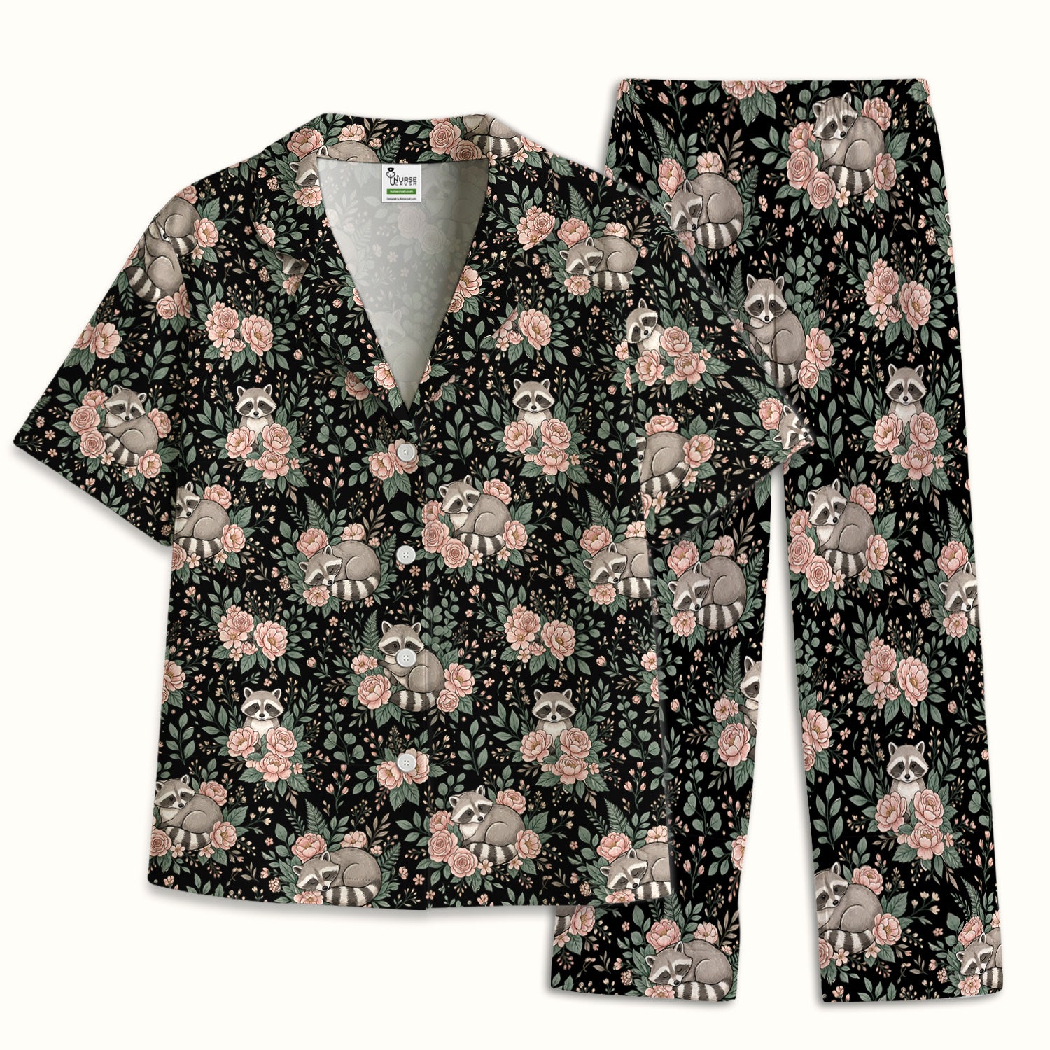 Sleeping Raccoon Rose Garden Pattern Pajama Set, Soft Breathable Fabric Comfortable Sleepwear