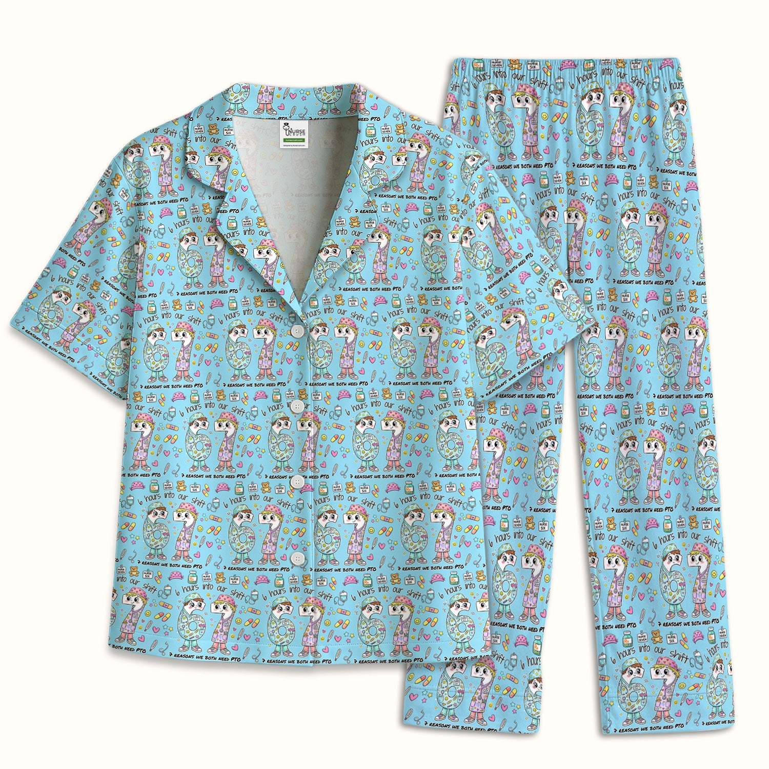 Cartoon Characters Six Hours Into Shift With Medical Doodle Pajama Set, Breathable Fabrics Uniform