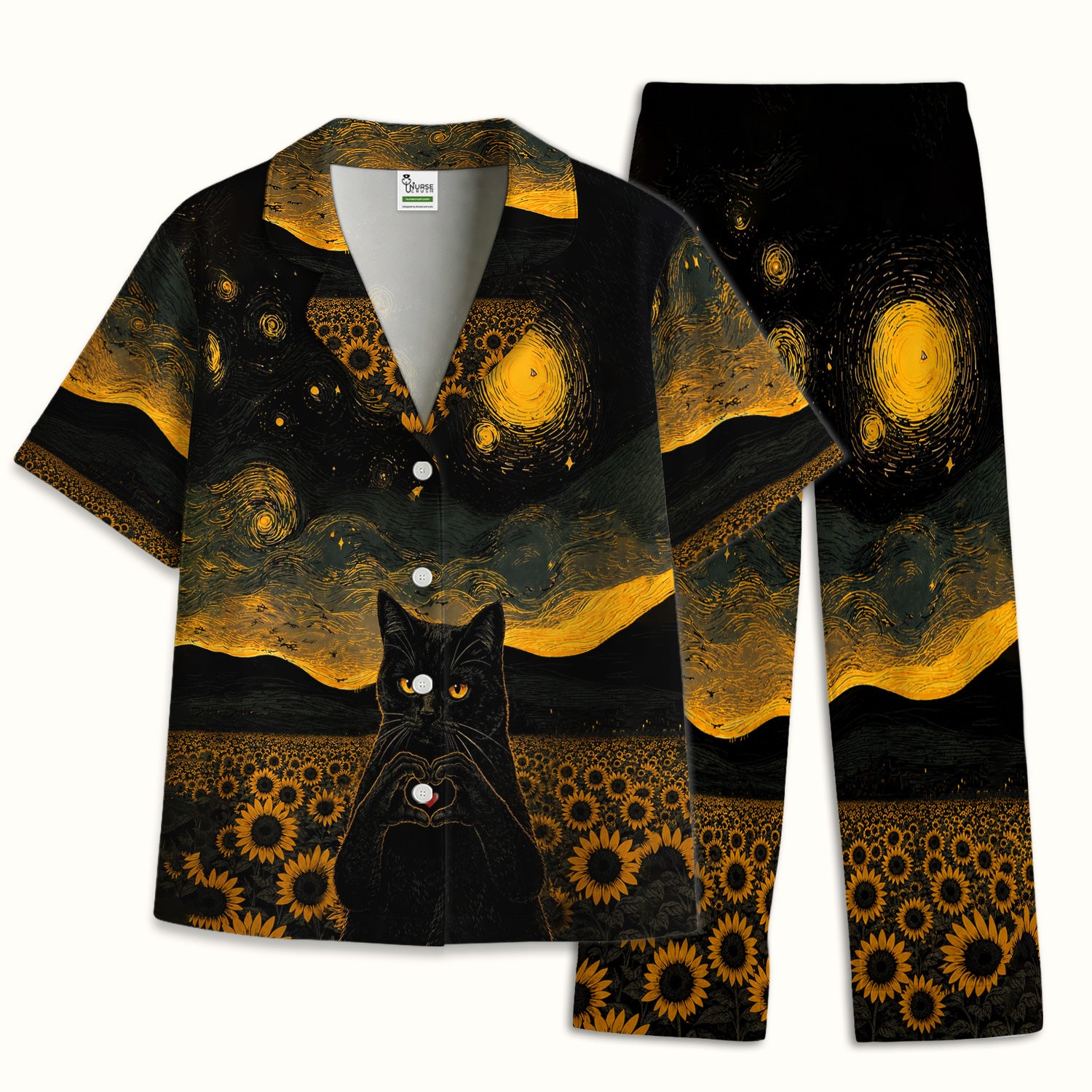 Cute Black Cat Sunflower Night Pattern Pajama Set, Soft Breathable Fabric Comfortable Sleepwear