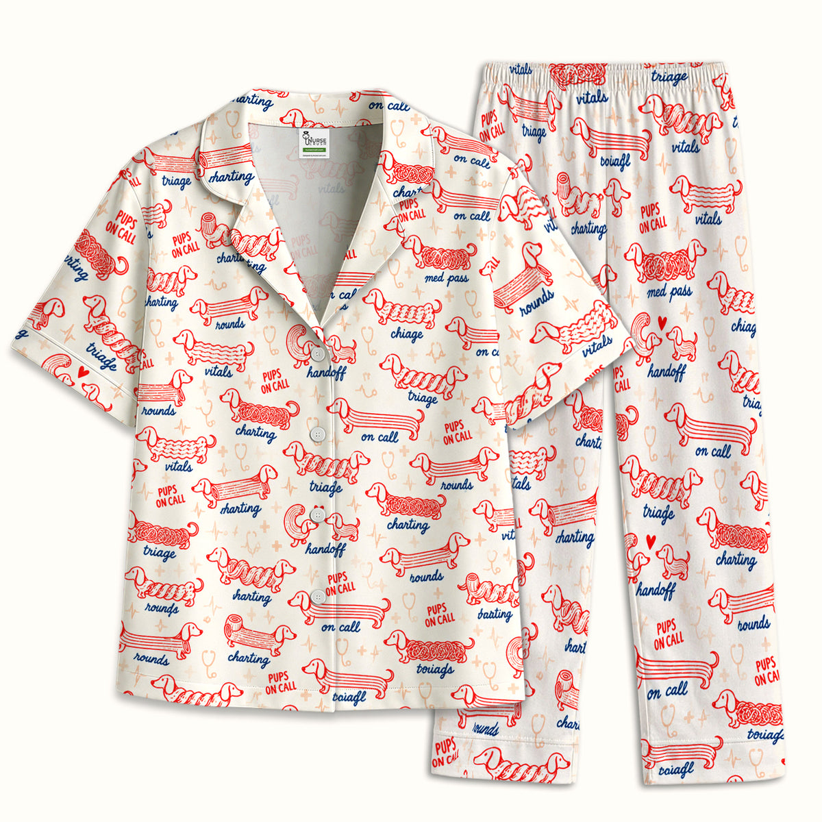 Cute Pups On Call Dachshund Pattern Pajama Set, Soft Breathable Fabric Comfortable Sleepwear