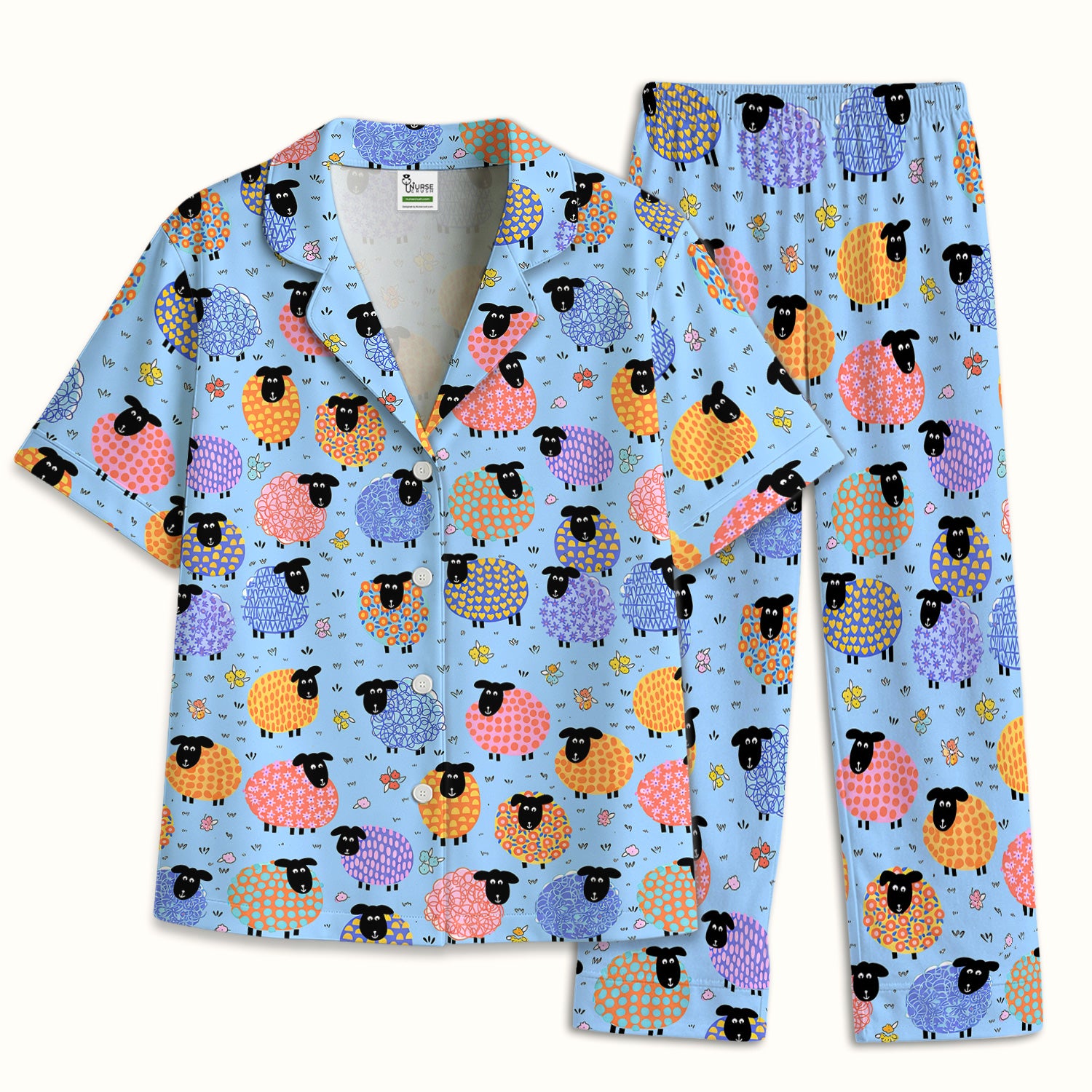 Funny Colorful Sheep Pattern Pajama Set, Breathable Fabrics Uniform