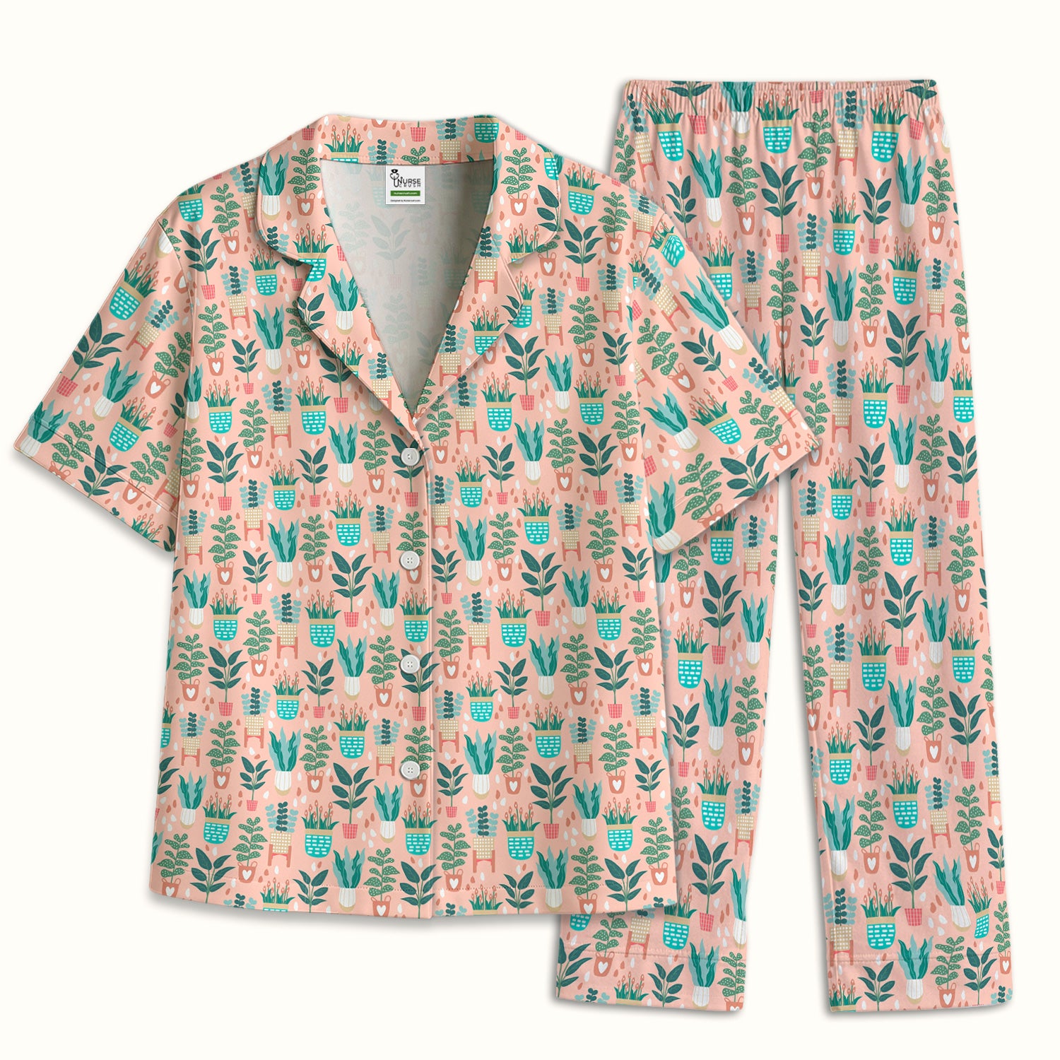 Potted Houseplant Leaves Pattern Pajama Set, Soft Breathable Fabric Comfortable Sleepwear