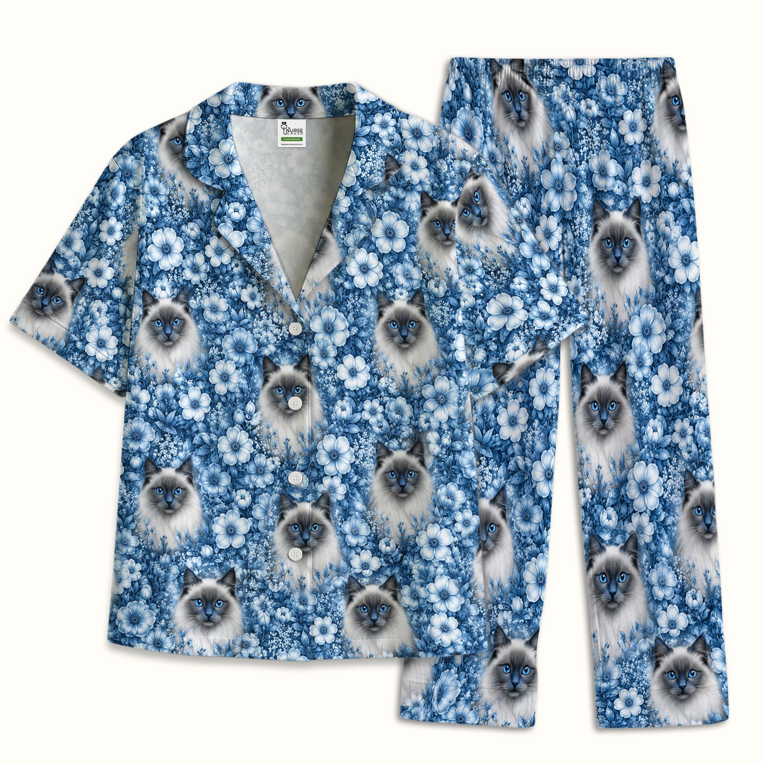 Blue Floral Ragdoll Cat Pattern Pajama Set, Soft Breathable Fabric Comfortable Sleepwear