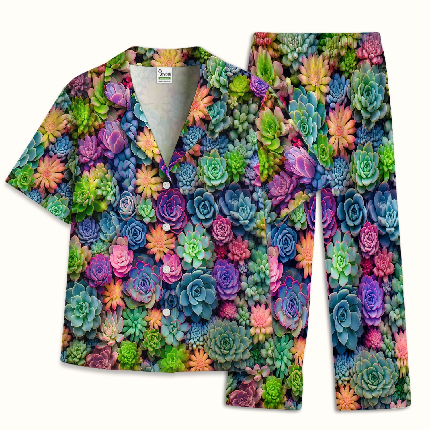 Cute Nurse Scrub Top Boho Succulent Flower Pattern Pajama Set, Soft Breathable Fabric Comfortable Sleepwear