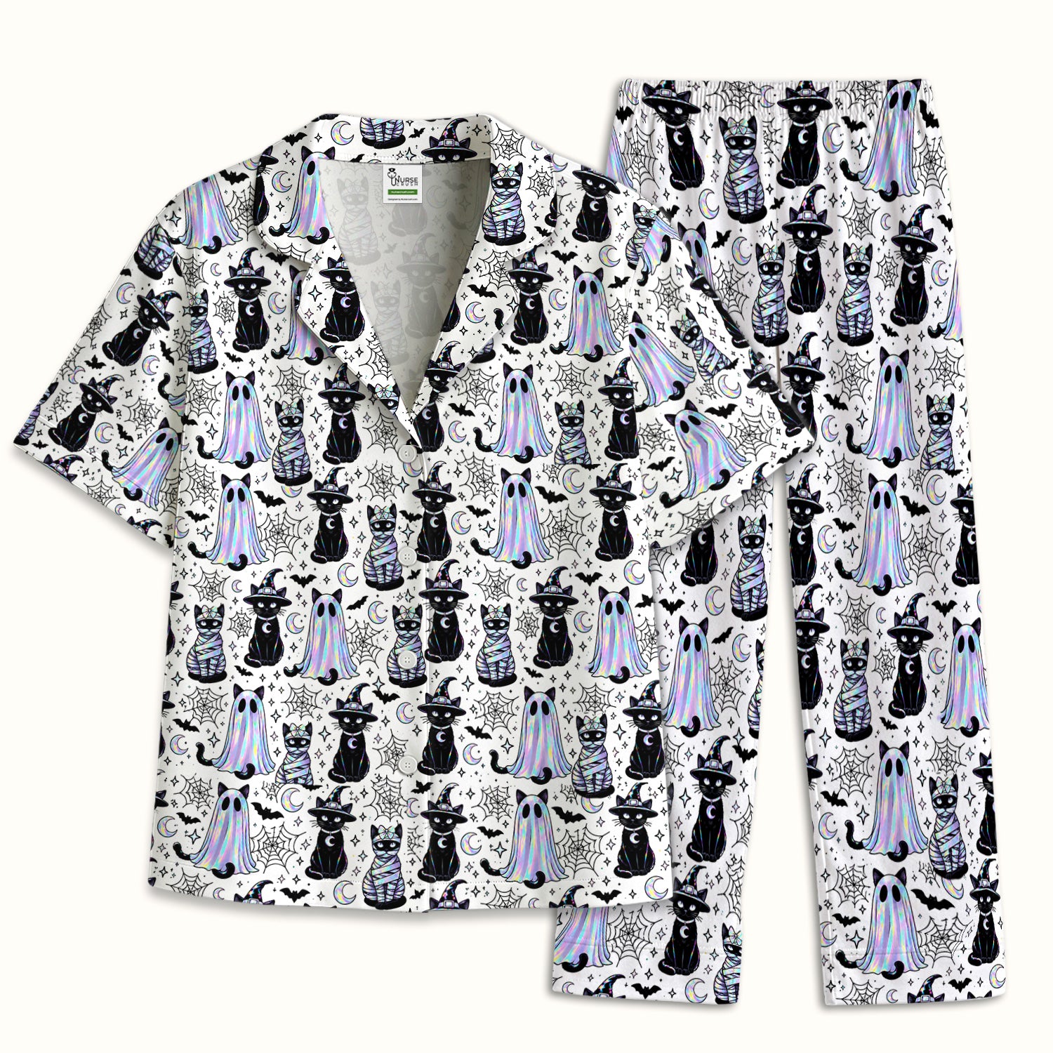 Ghost Witch Cat Pattern Pajama Set, Soft Breathable Fabric Comfortable Sleepwear