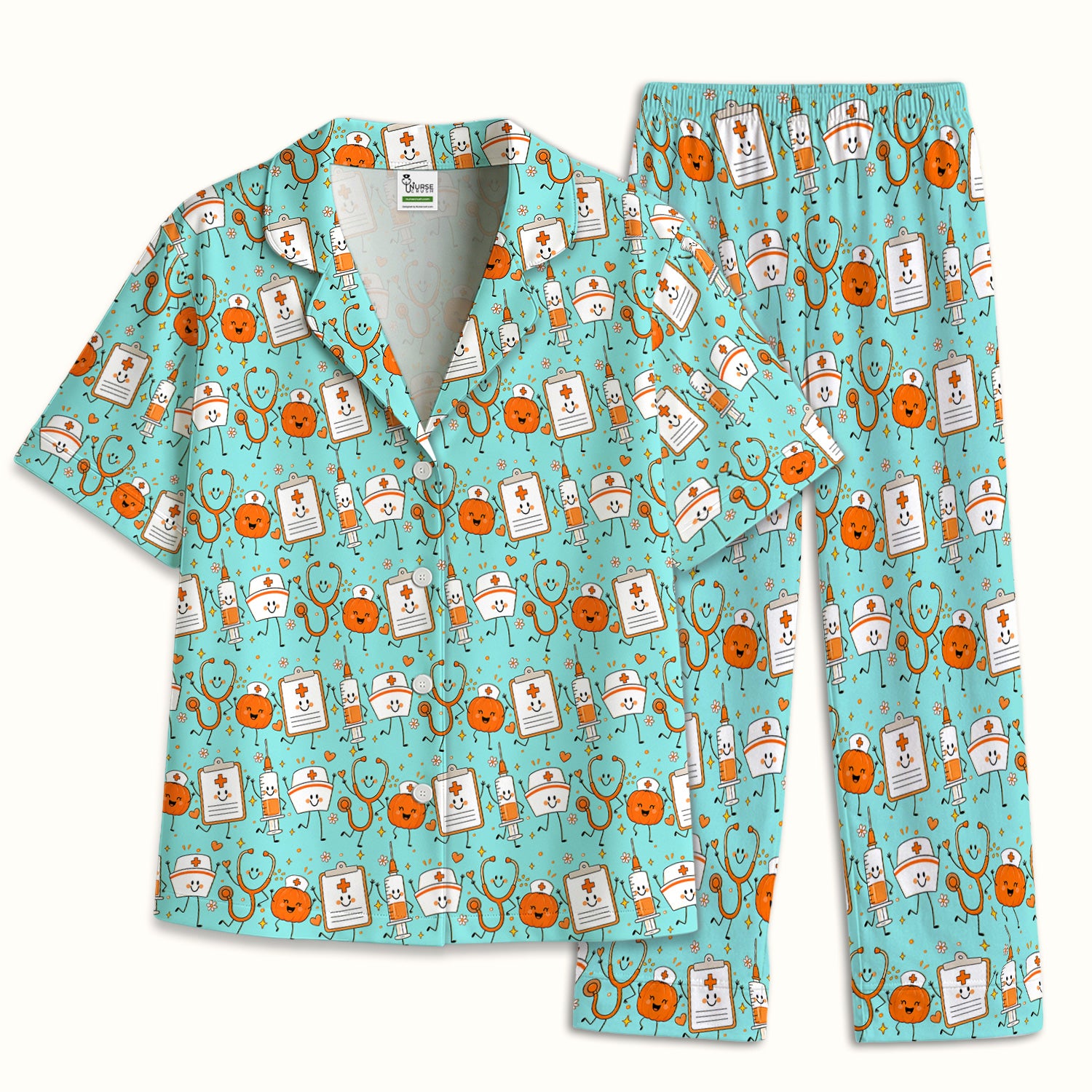 Halloween Stethoscope And Medical Icons Pajama Set, Soft Breathable Fabric Comfortable Sleepwear