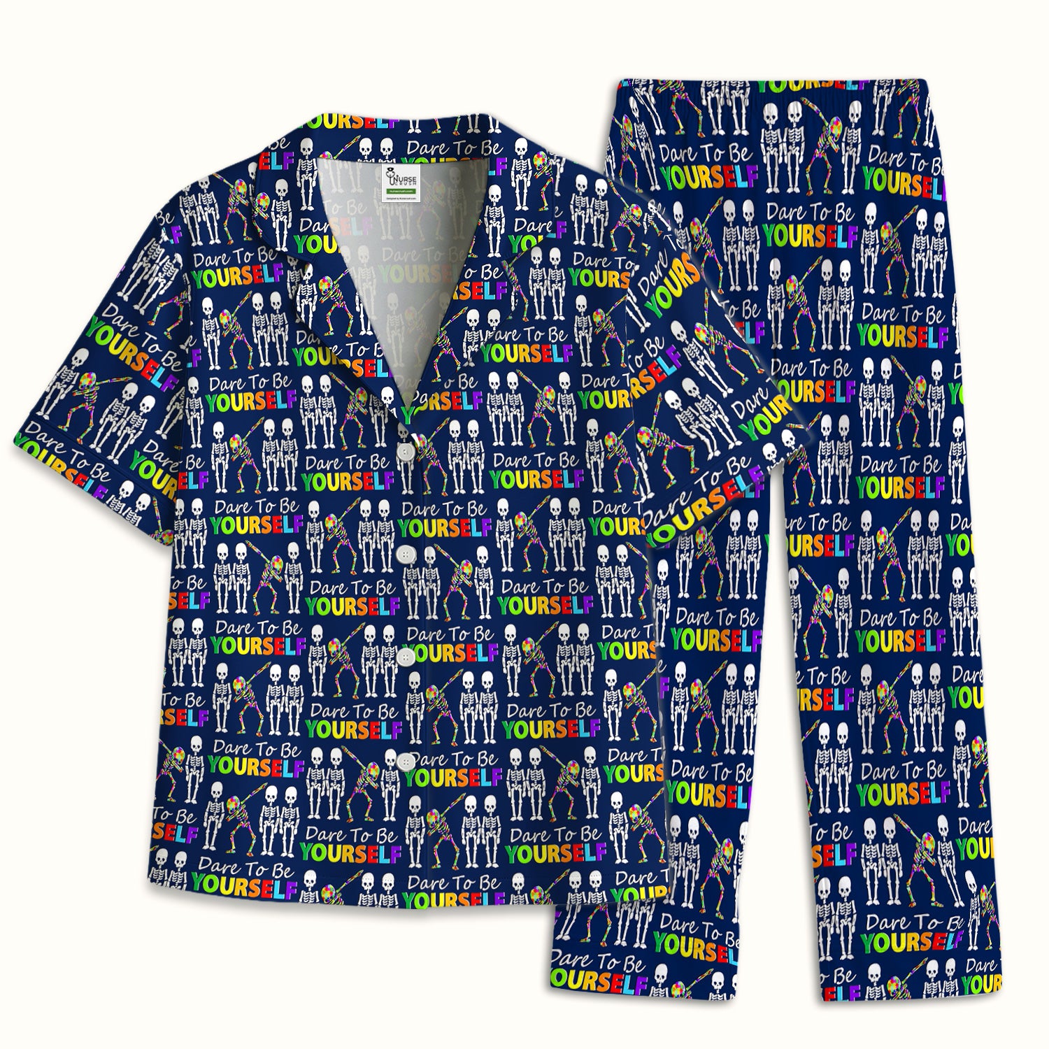 Rainbow Skeleton Dare To Be Yourself Pattern Pajama Set, Breathable Fabrics Uniform
