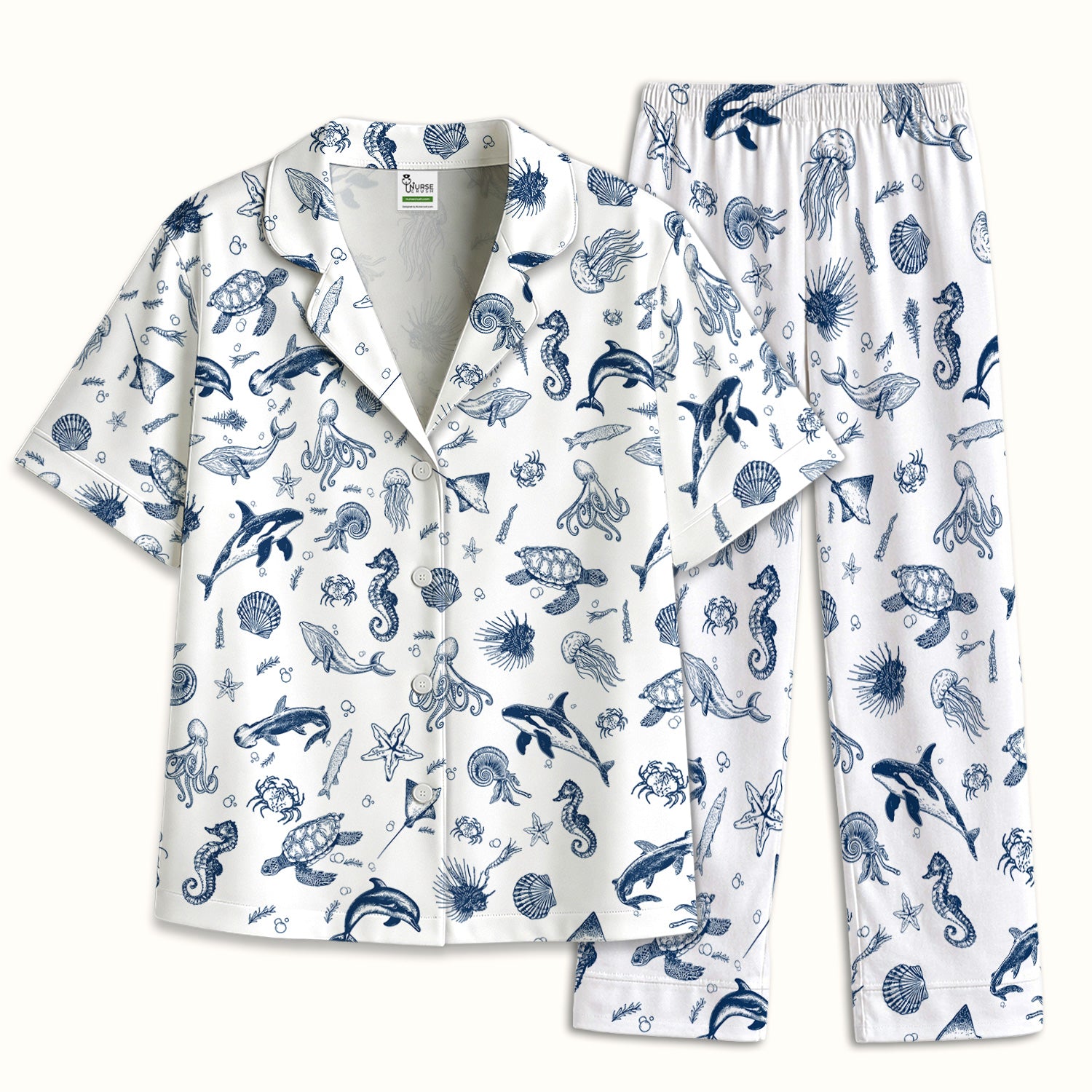 Marine Sea Life Pattern Pajama Set, Breathable Fabrics Uniform