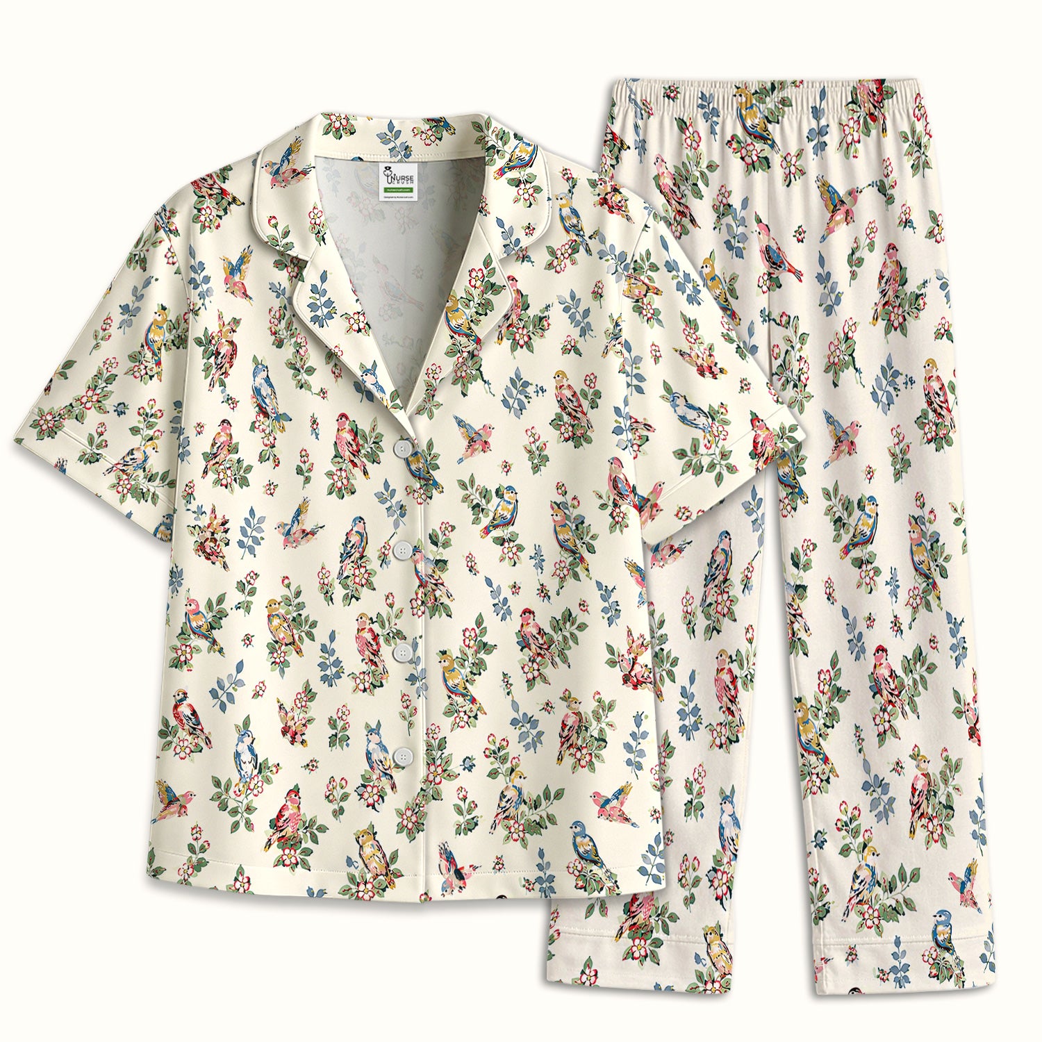 Cute Vintage Birds Blossom Pattern Pajama Set, Soft Breathable Fabric Comfortable Sleepwear