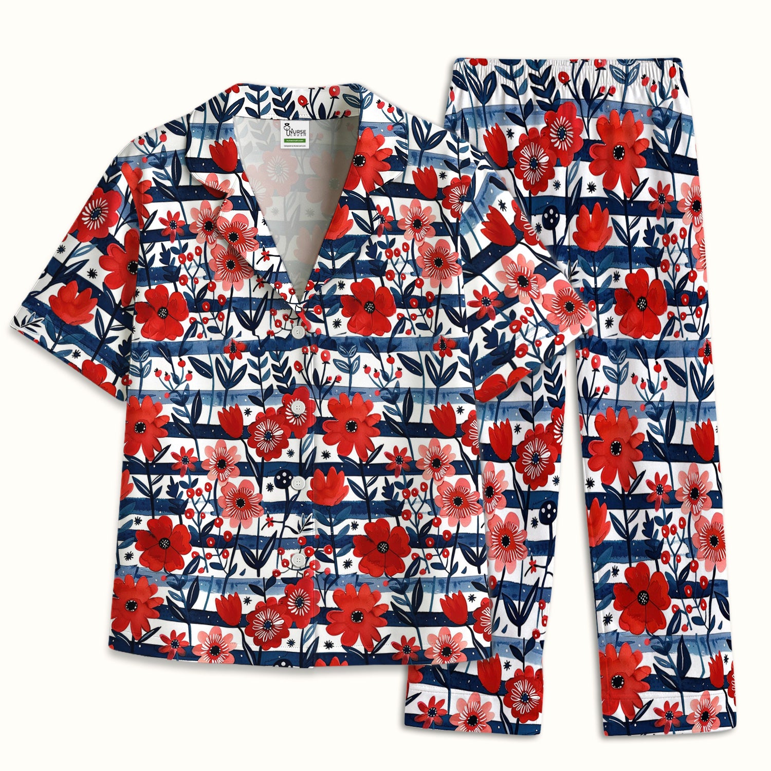 Red Poppy Navy Stripe Pattern Pajama Set, Soft Breathable Fabric Comfortable Sleepwear