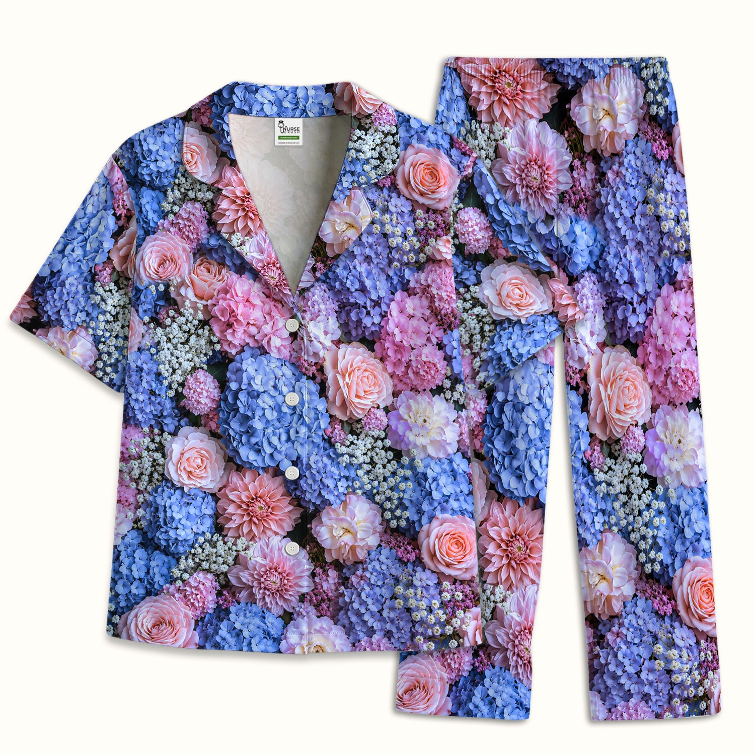 Cute Pastel Hydrangea Rose Blossom Pattern Pajama Set, Soft Breathable Fabric Comfortable Sleepwear
