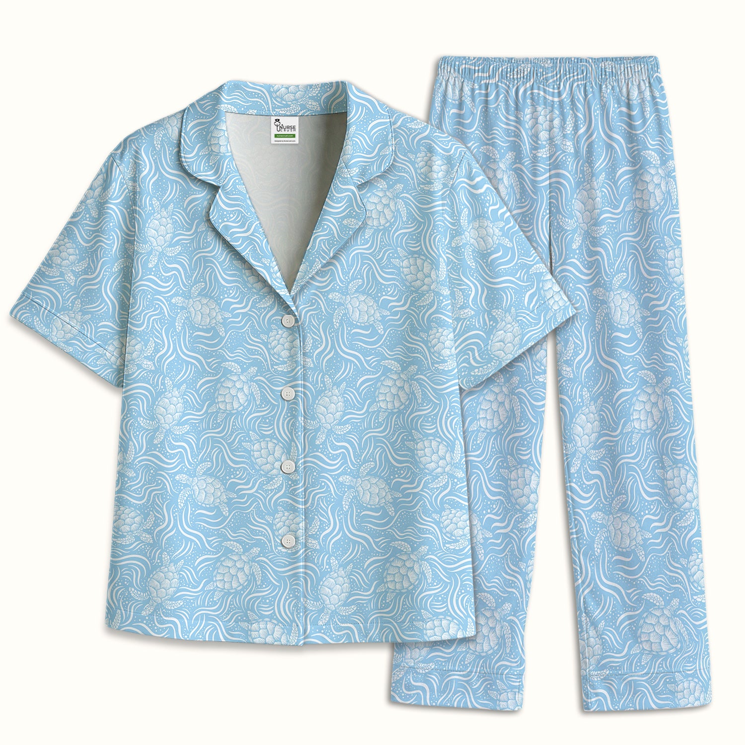 Cute Ocean Sea Turtle Waves Pattern Pajama Set, Soft Breathable Fabric Comfortable Sleepwear