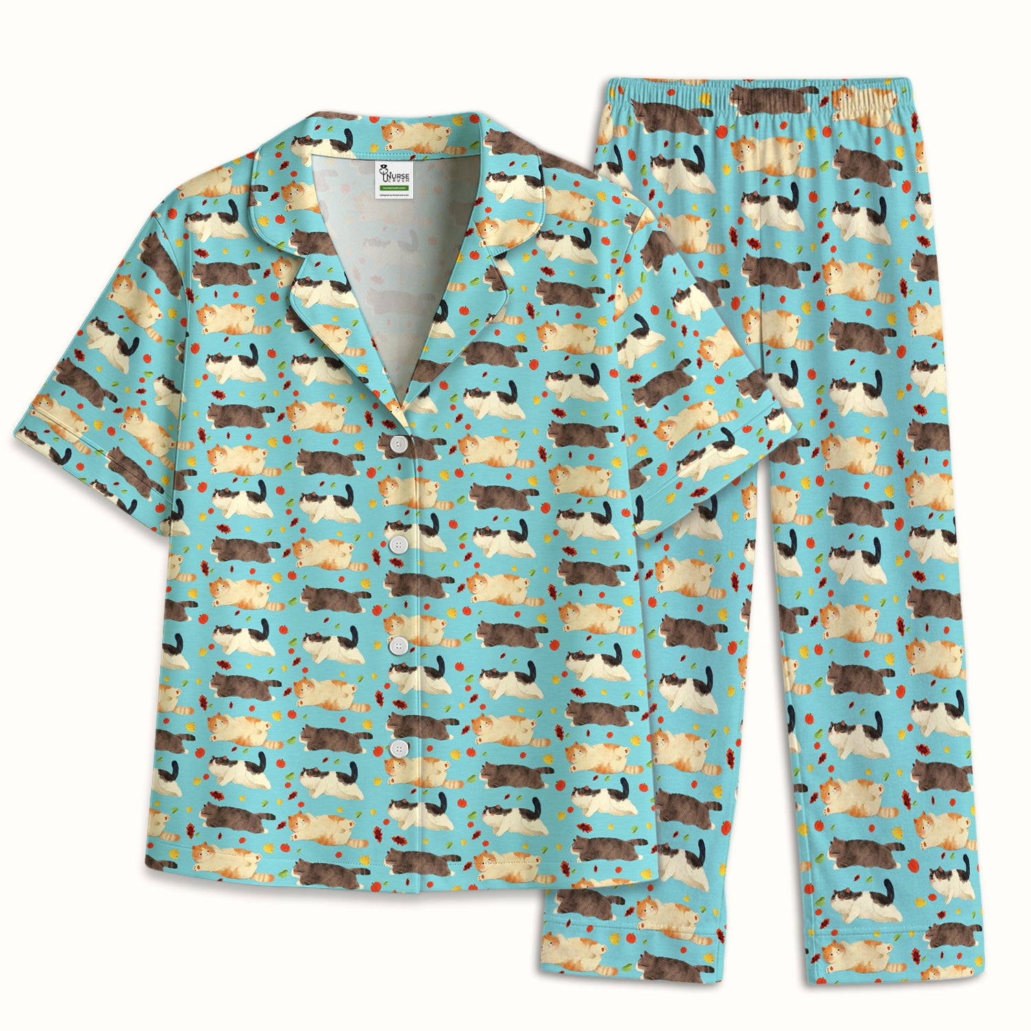 Chubby Cat Autumn Leaves Print Pajama Set, Breathable Fabrics Uniform