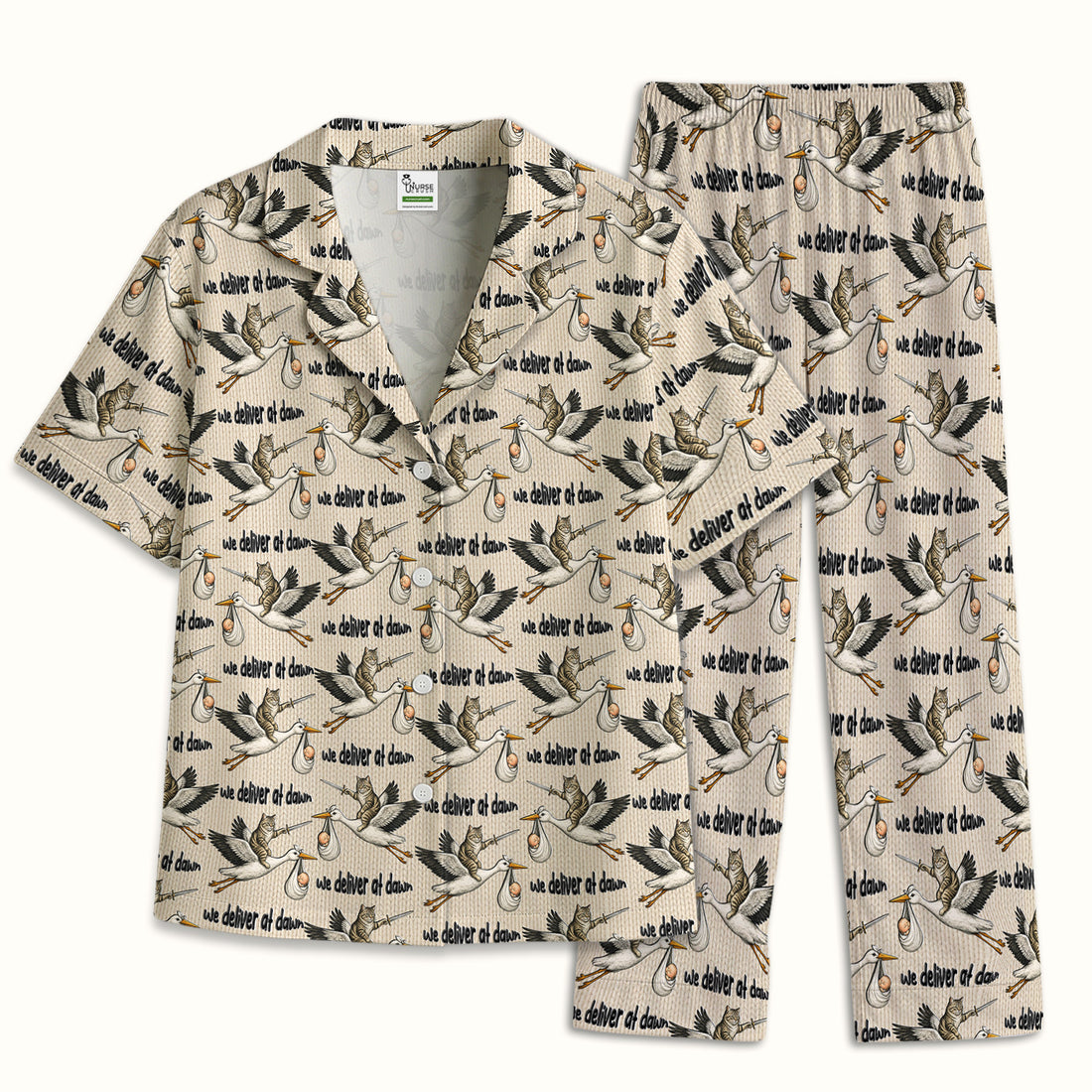 Funny Stork Cat Delivery Pattern Pajama Set, Soft Breathable Fabric Comfortable Sleepwear
