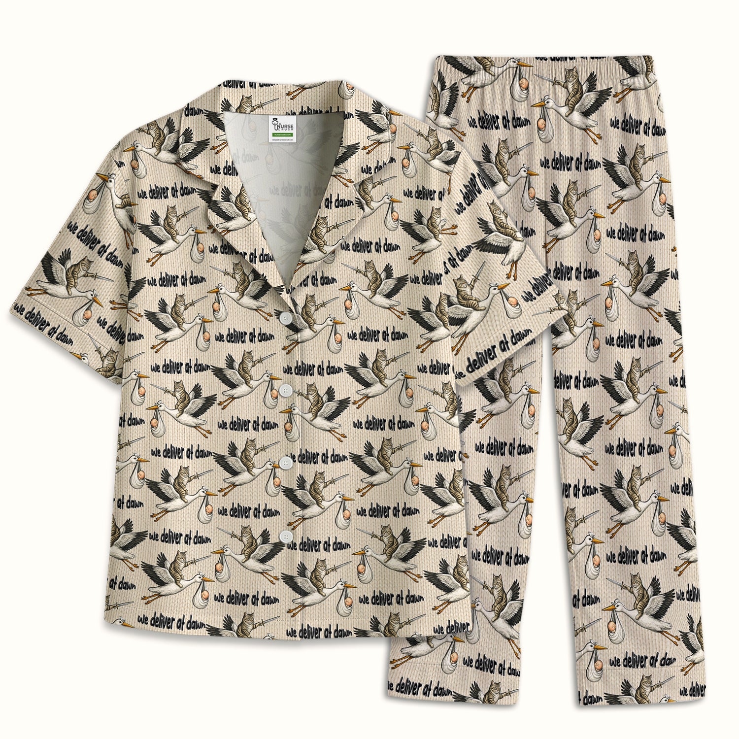 Funny Stork Cat Delivery Pattern Pajama Set, Soft Breathable Fabric Comfortable Sleepwear