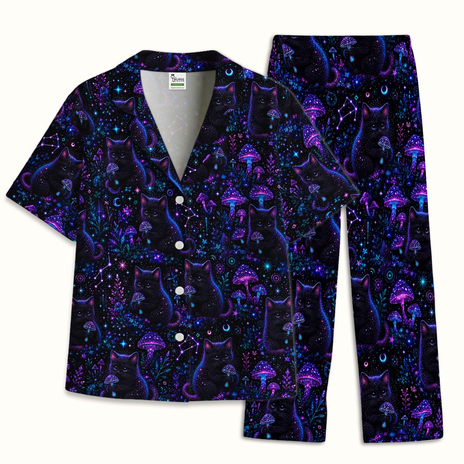 Neon Black Cat Mushroom Galaxy Pattern Pajama Set, Soft Breathable Fabric Comfortable Sleepwear