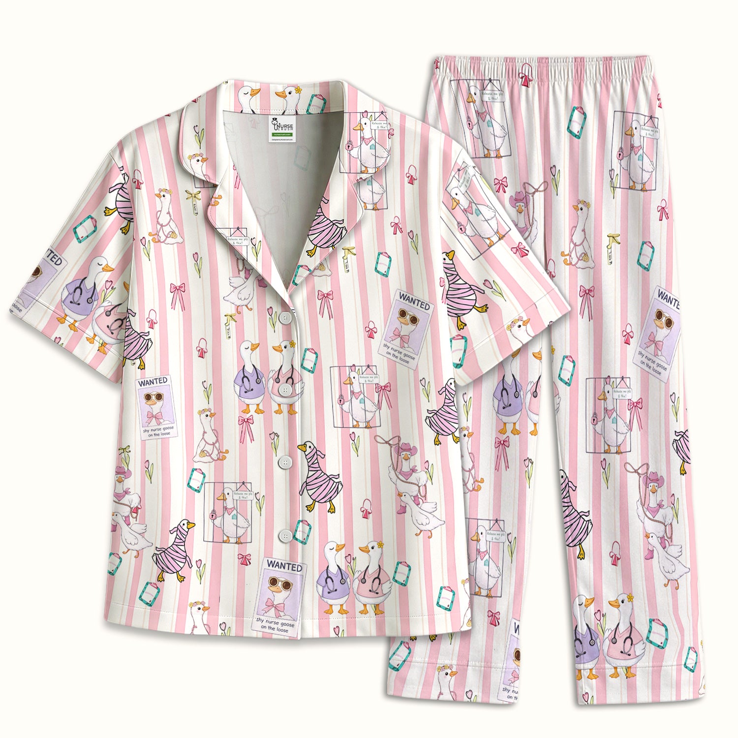 Cute Nurse Duck Stripe Pattern Pajama Set, Breathable Fabrics Uniform