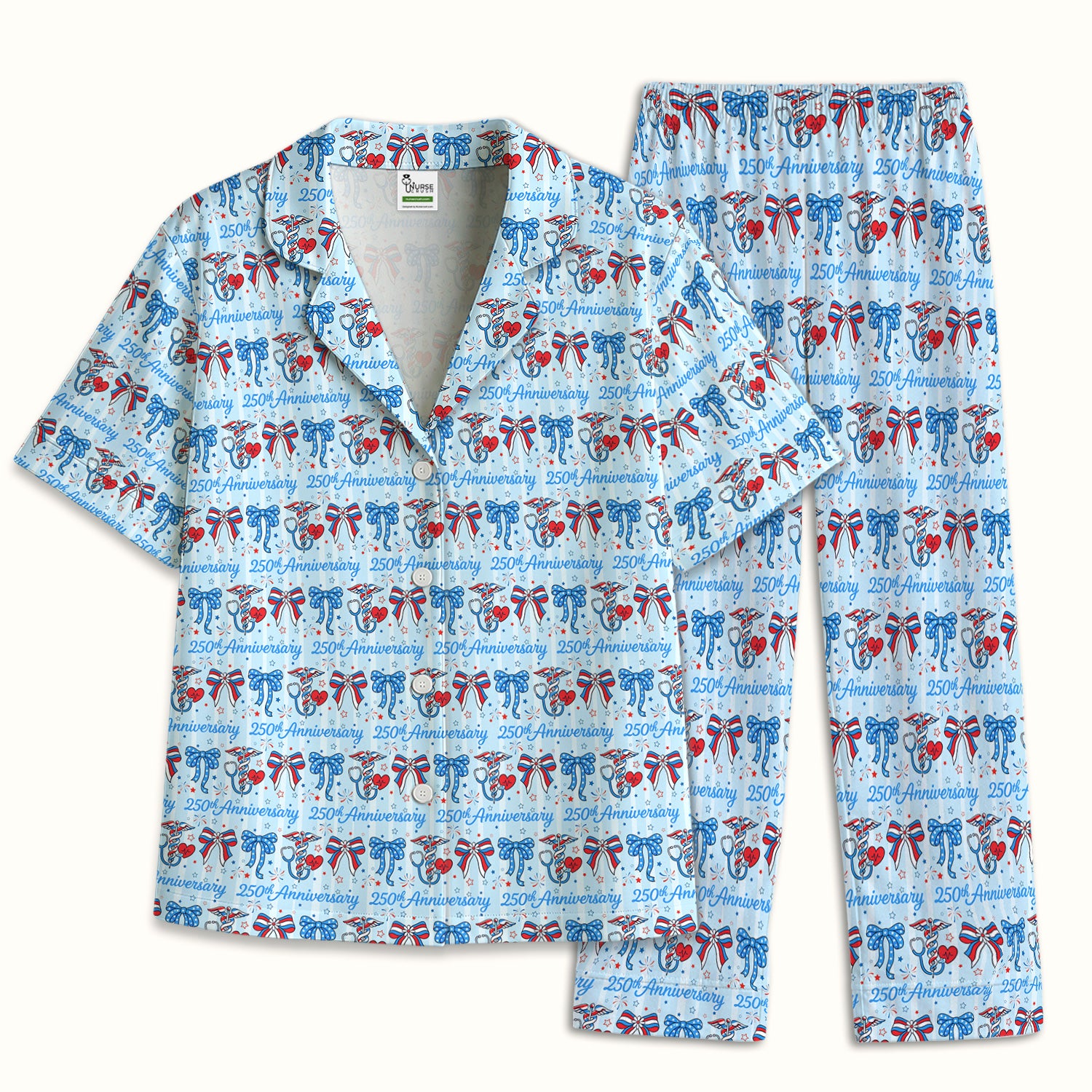 Festive 250th Anniversary Nurse Ribbon Heart Pattern Pajama Set, Soft Breathable Fabric Comfortable Sleepwear