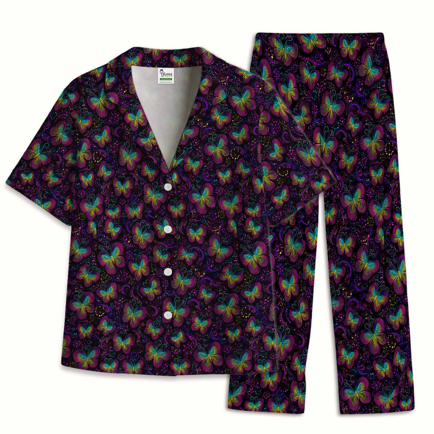 Cute Neon Butterfly Swirl Pattern Pajama Set, Soft Breathable Fabric Comfortable Sleepwear