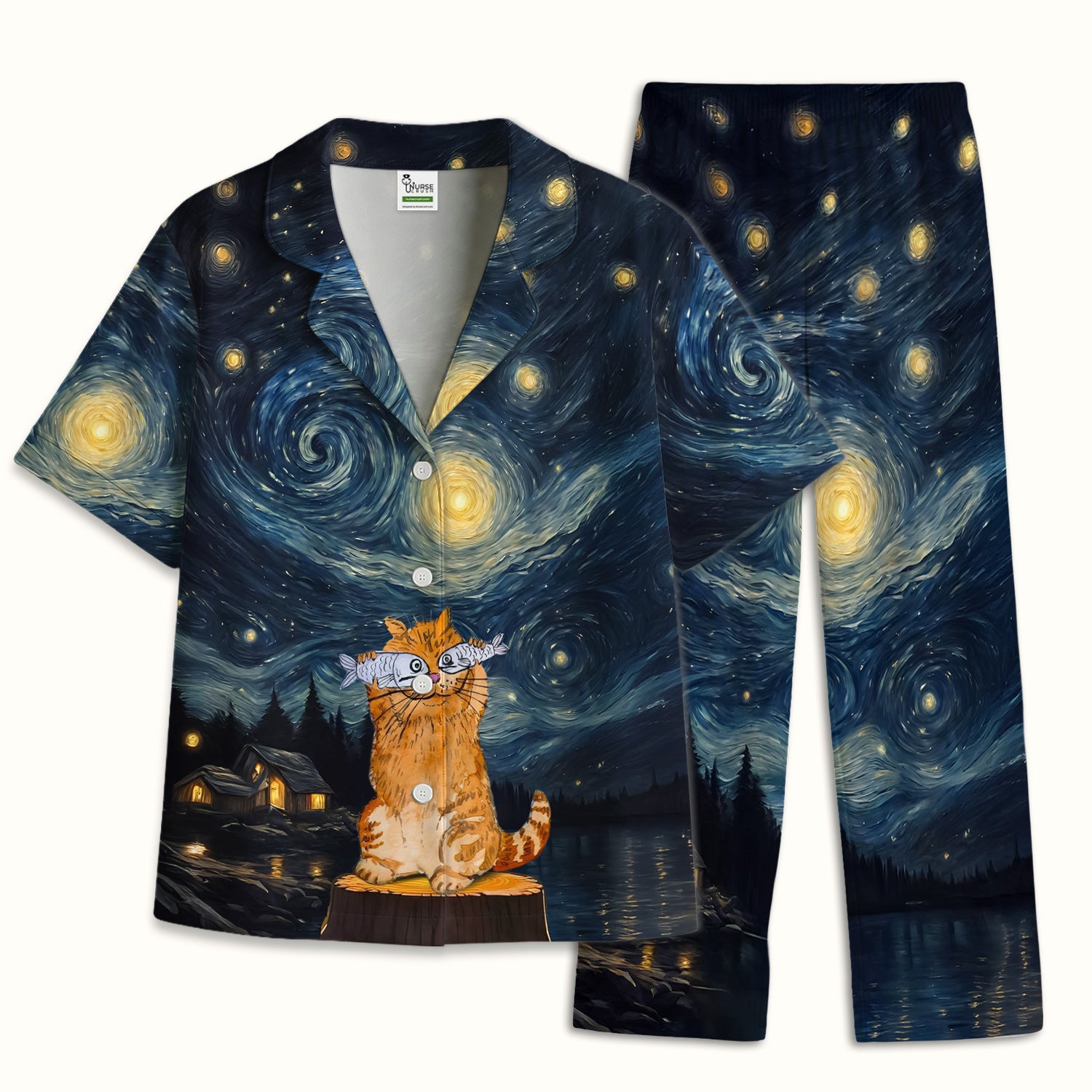 Cat Under Starry Night Sky Art Print Pajama Set,  Breathable Fabrics Uniform