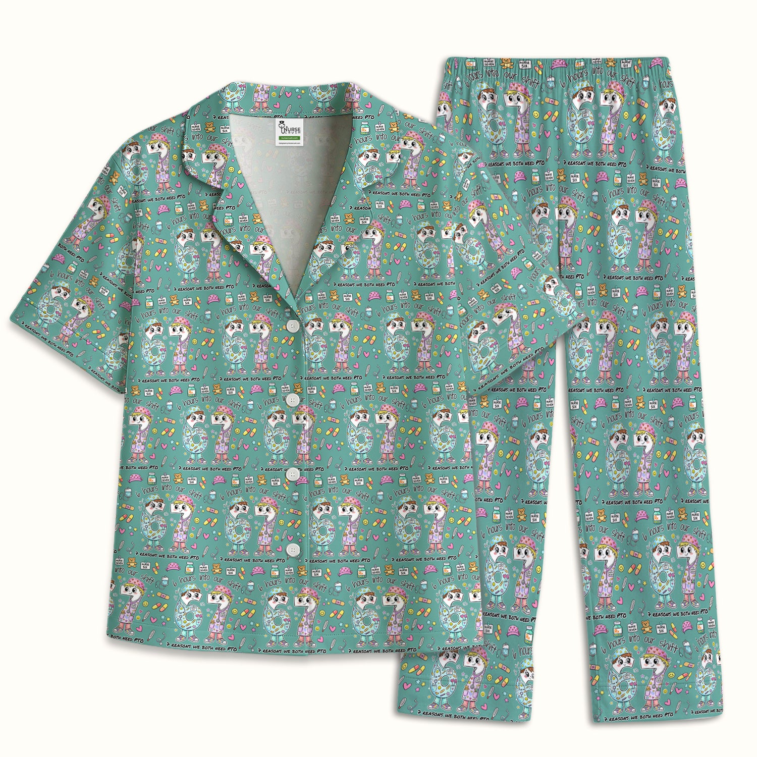 Cartoon Characters Six Hours Into Shift With Medical Doodle Pajama Set, Breathable Fabrics Uniform