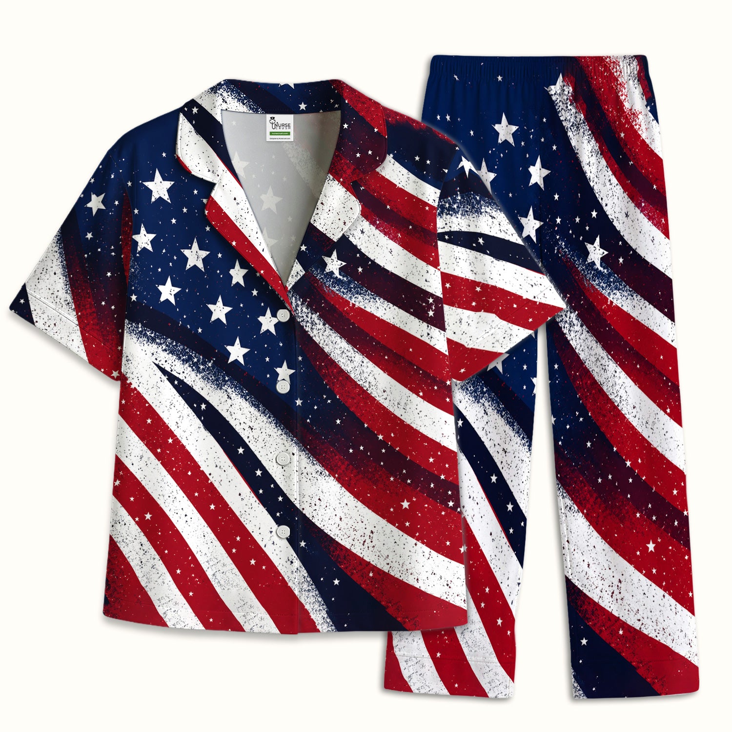 Festive American Flag Stars Pattern Pajama Set, Soft Breathable Fabric Comfortable Sleepwear
