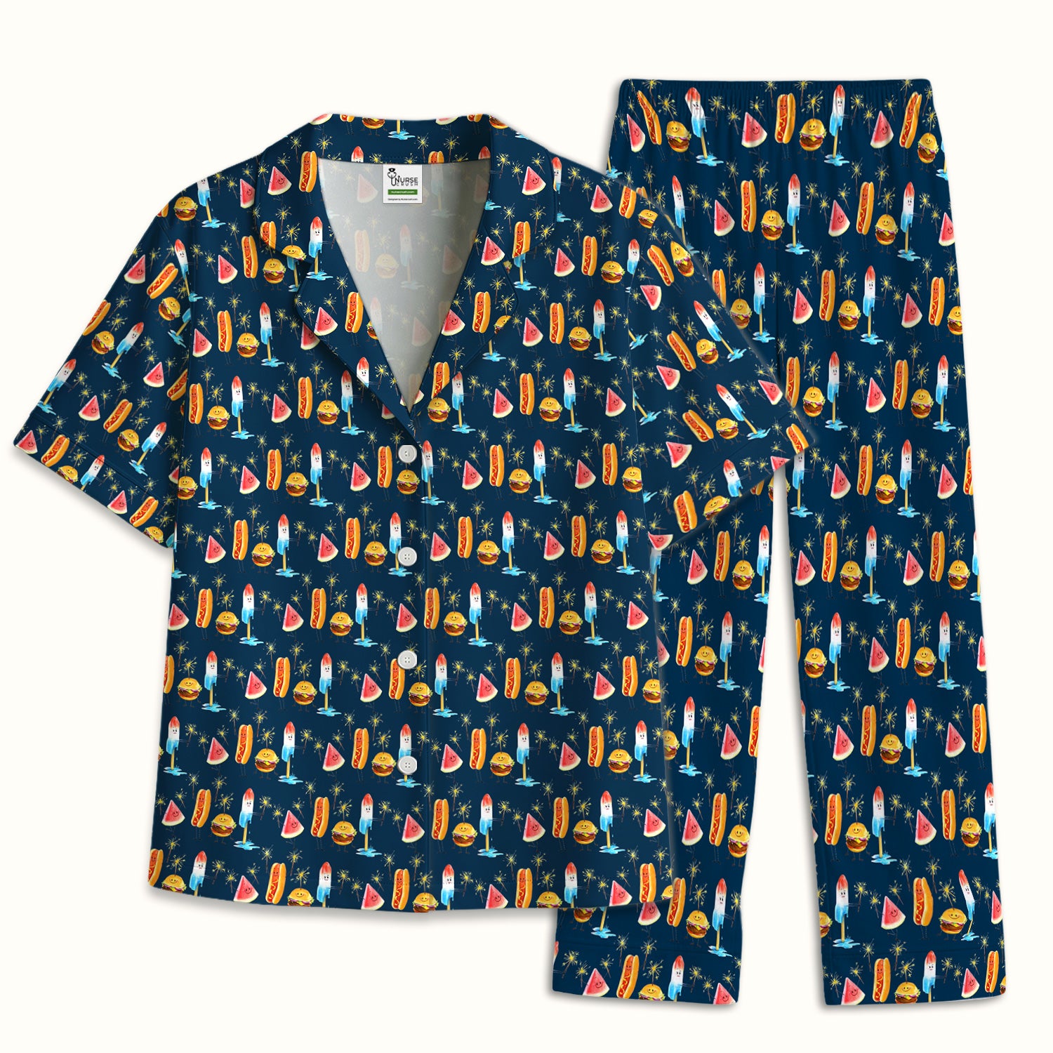 Funny Summer Food Icons Pattern Pajama Set, Soft Breathable Fabric Comfortable Sleepwear