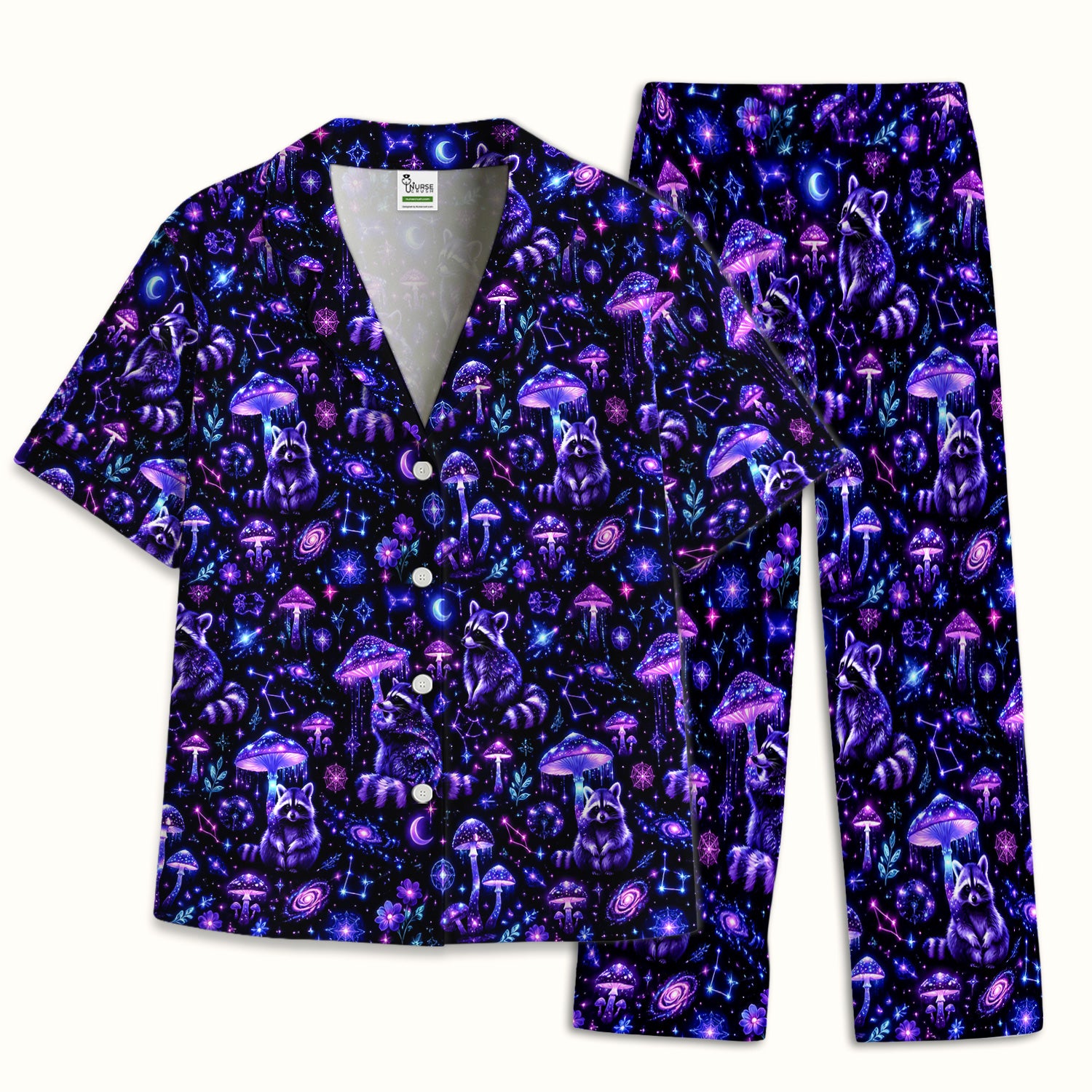 Cosmic Raccoon Mushroom Print Pajama Set, Soft Breathable Fabric Comfortable Sleepwear