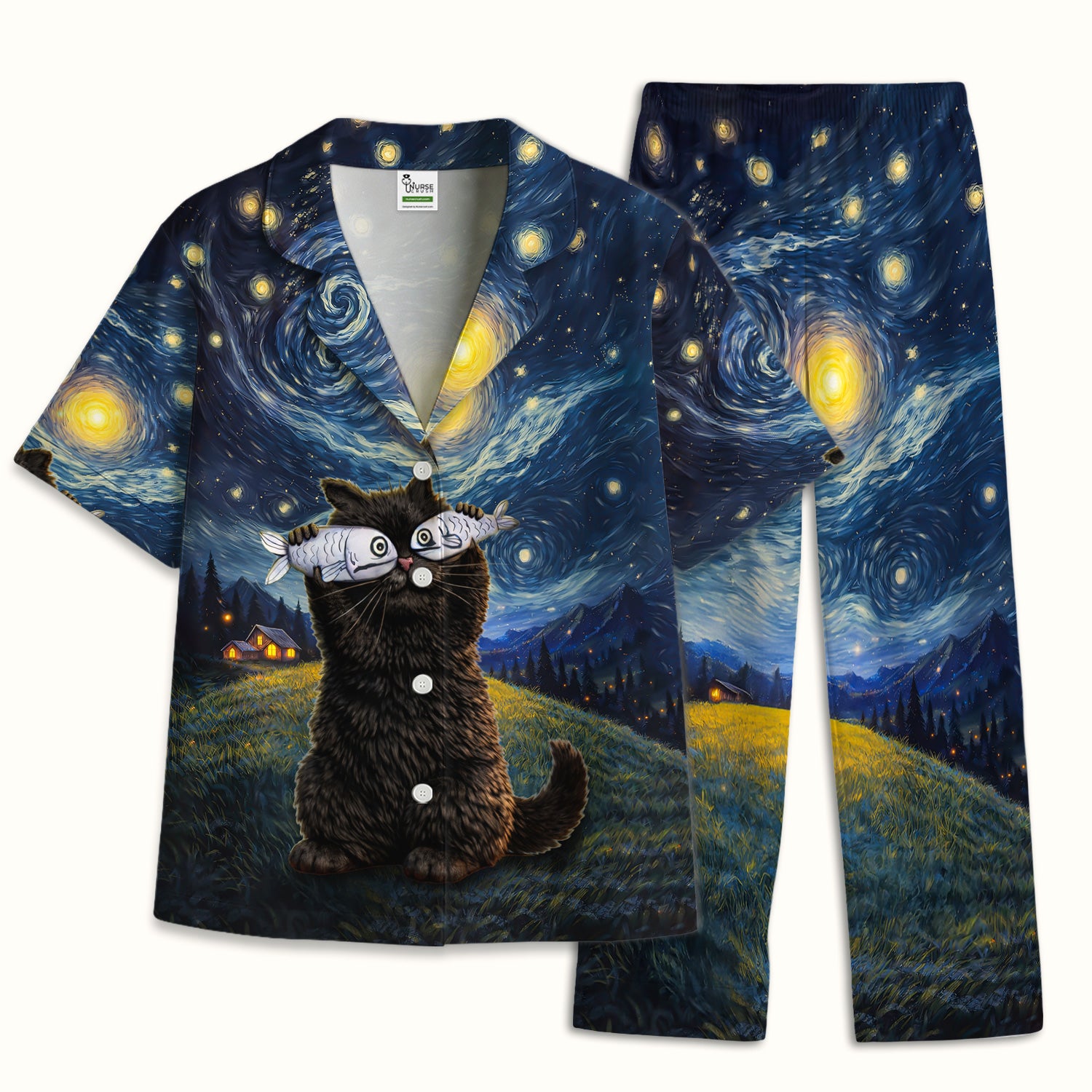 Starry Night Cat Art Print Pajama Set, Breathable Fabrics Uniform