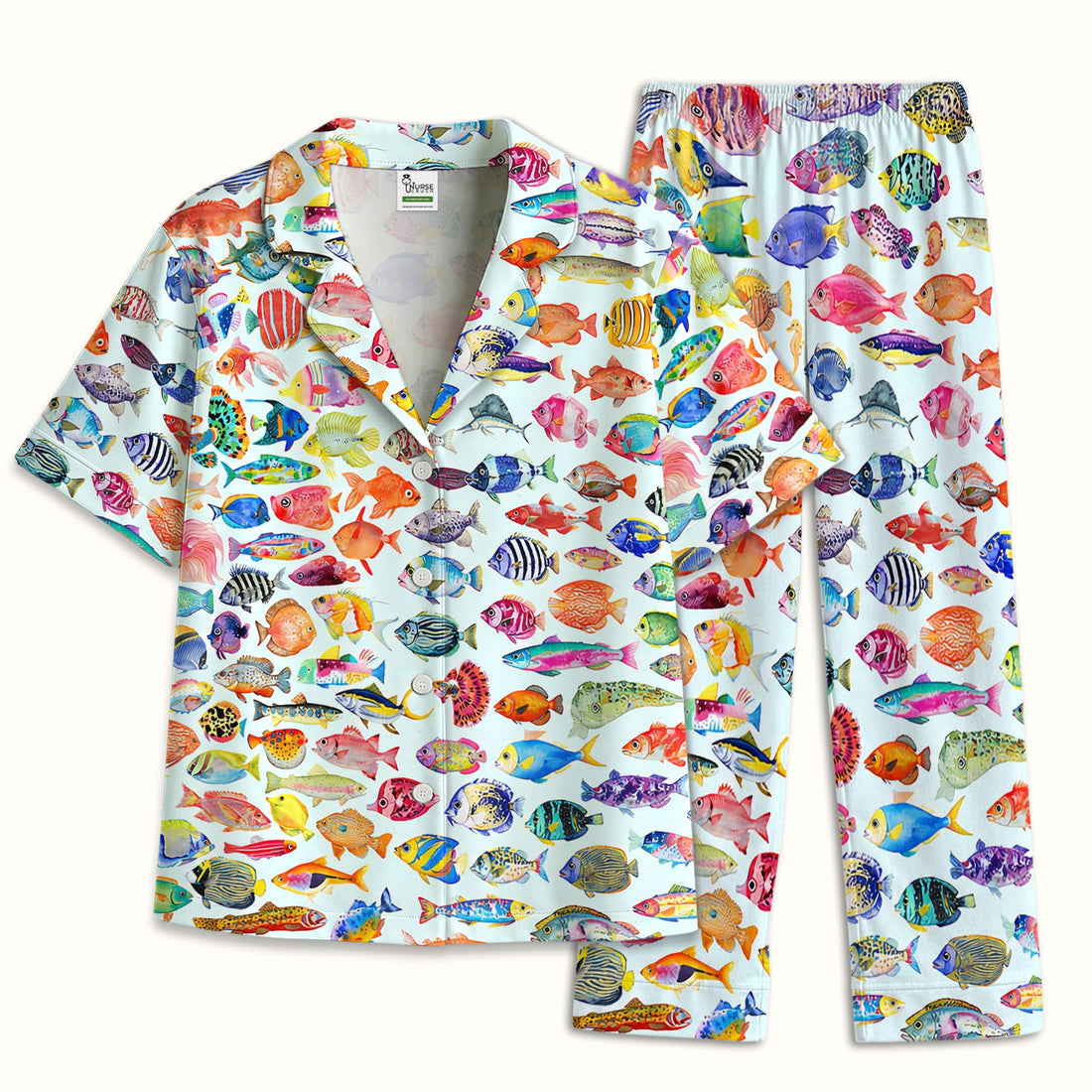 Colorful Tropical Fish Print Pajama Set, Soft Breathable Fabric Comfortable Sleepwear