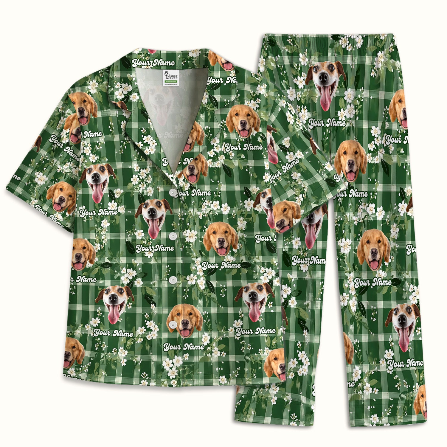 Custom Dog Face Pajama Set, Dog Green Plaid Floral Pattern, Soft Breathable Fabric Comfortable Sleepwear
