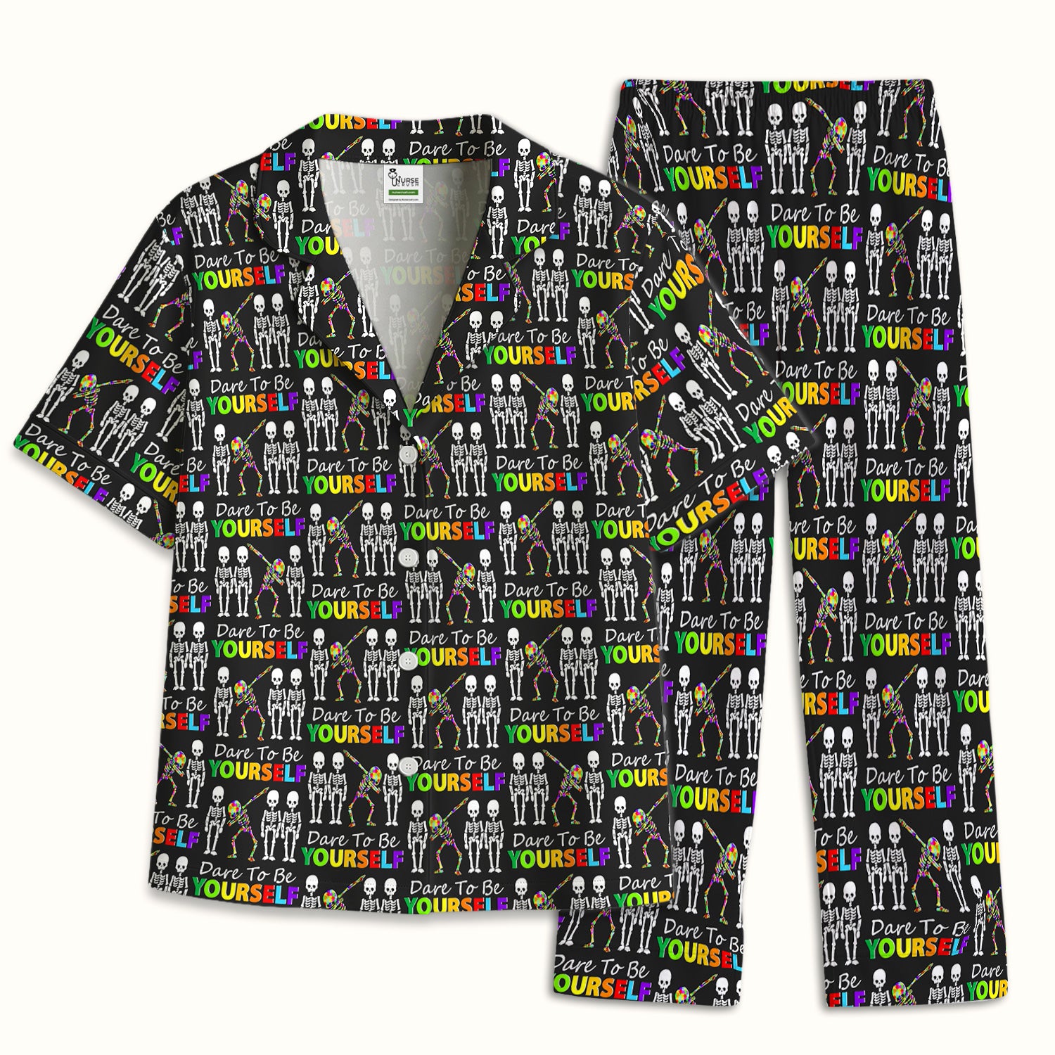 Rainbow Skeleton Dare To Be Yourself Pattern Pajama Set, Breathable Fabrics Uniform
