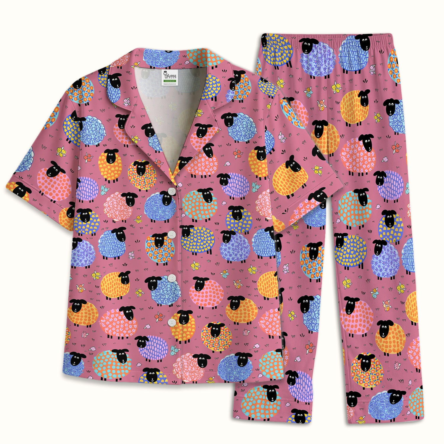 Funny Colorful Sheep Pattern Pajama Set, Breathable Fabrics Uniform
