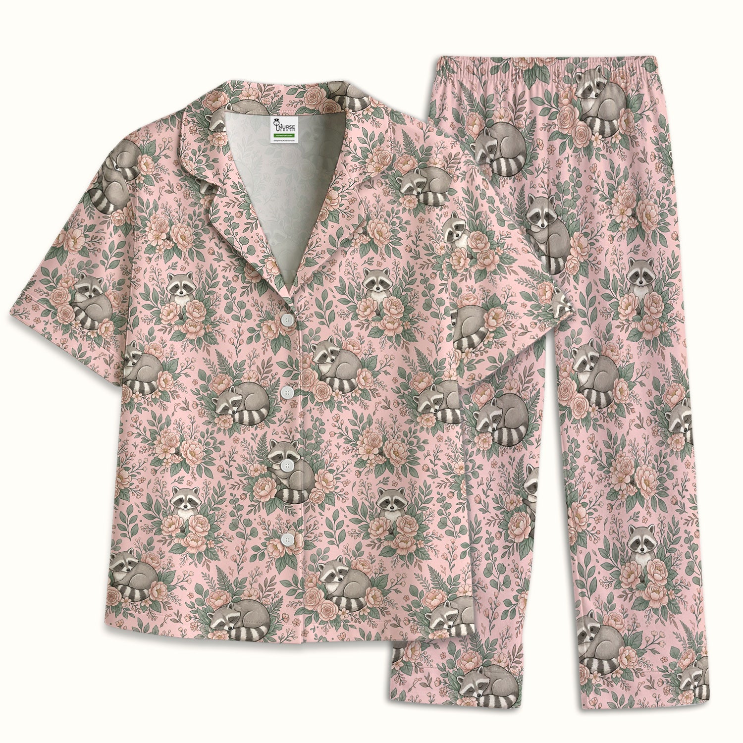 Sleeping Raccoon Rose Garden Pattern Pajama Set, Soft Breathable Fabric Comfortable Sleepwear