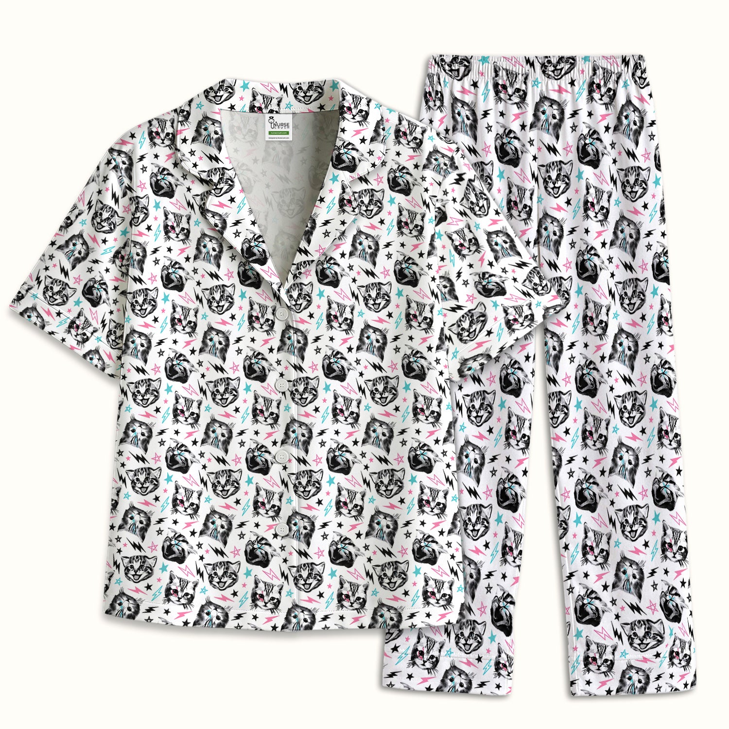 Playful Cat Faces Lightning Pattern Pajama Set, Soft Breathable Fabric Comfortable Sleepwear