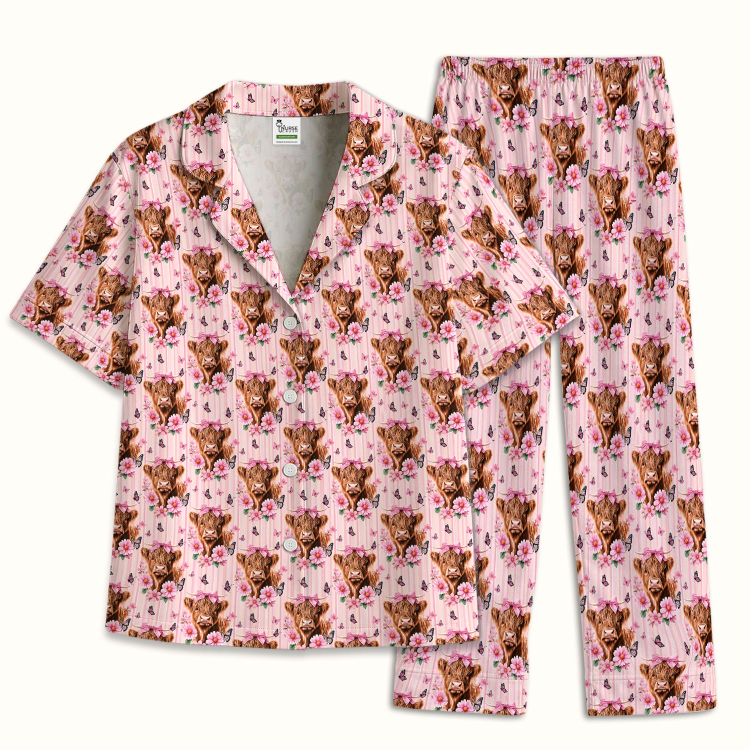 Pink Highland Cow Floral Pajama Set, Soft Breathable Fabric Comfortable Sleepwear
