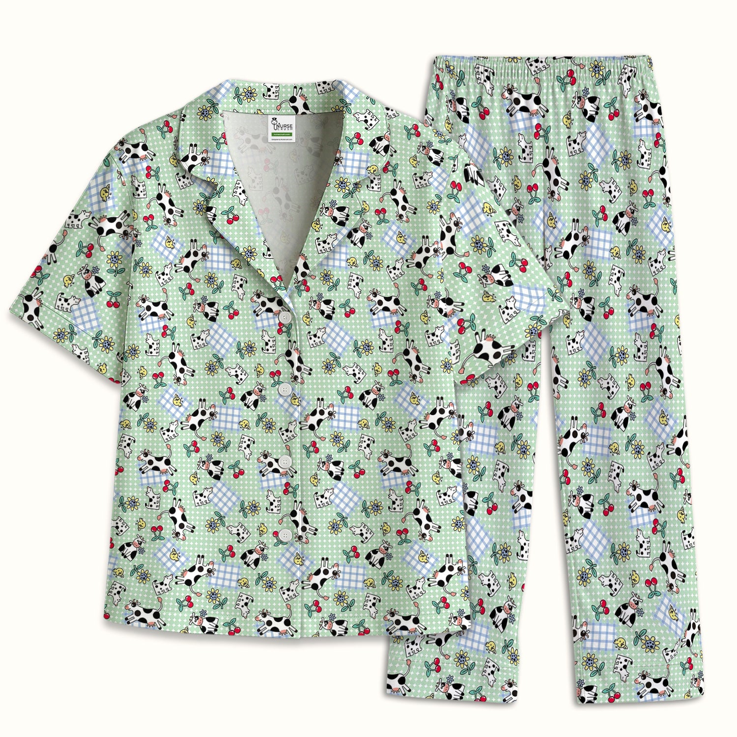 Cute Cow Cherry Farm Garden Pattern Nurse Pajama Set, Soft Breathable Fabric Comfortable Sleepwear