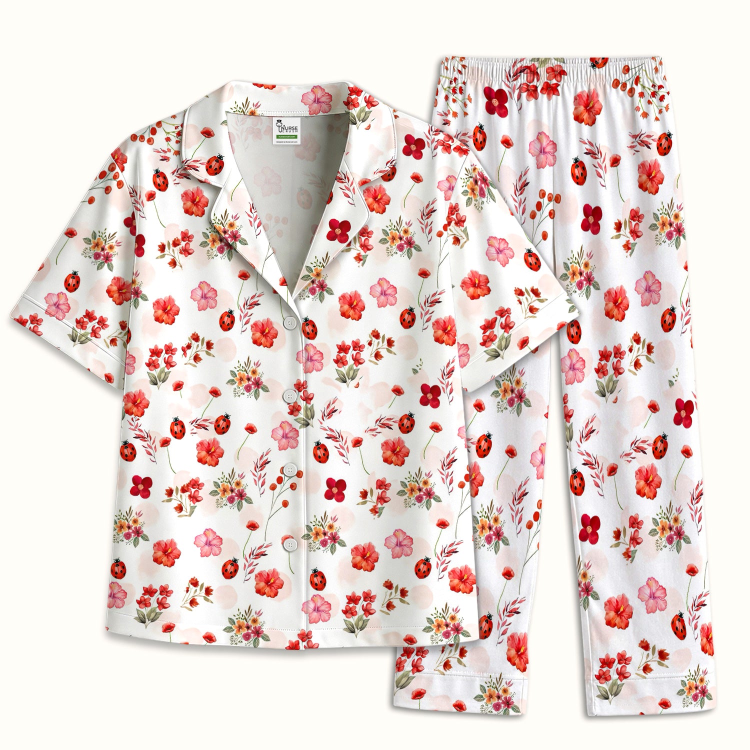 Red Ladybug Floral Garden Pattern Pajama Set, Breathable Fabrics Uniform