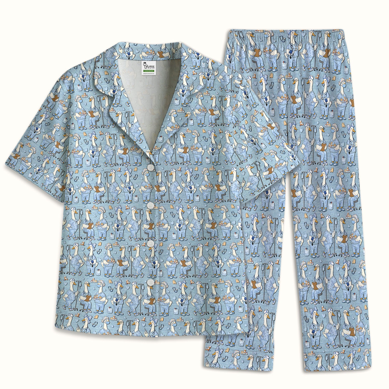 Cute Nurse Goose Working Pattern Pajama Set, Breathable Fabrics Uniform