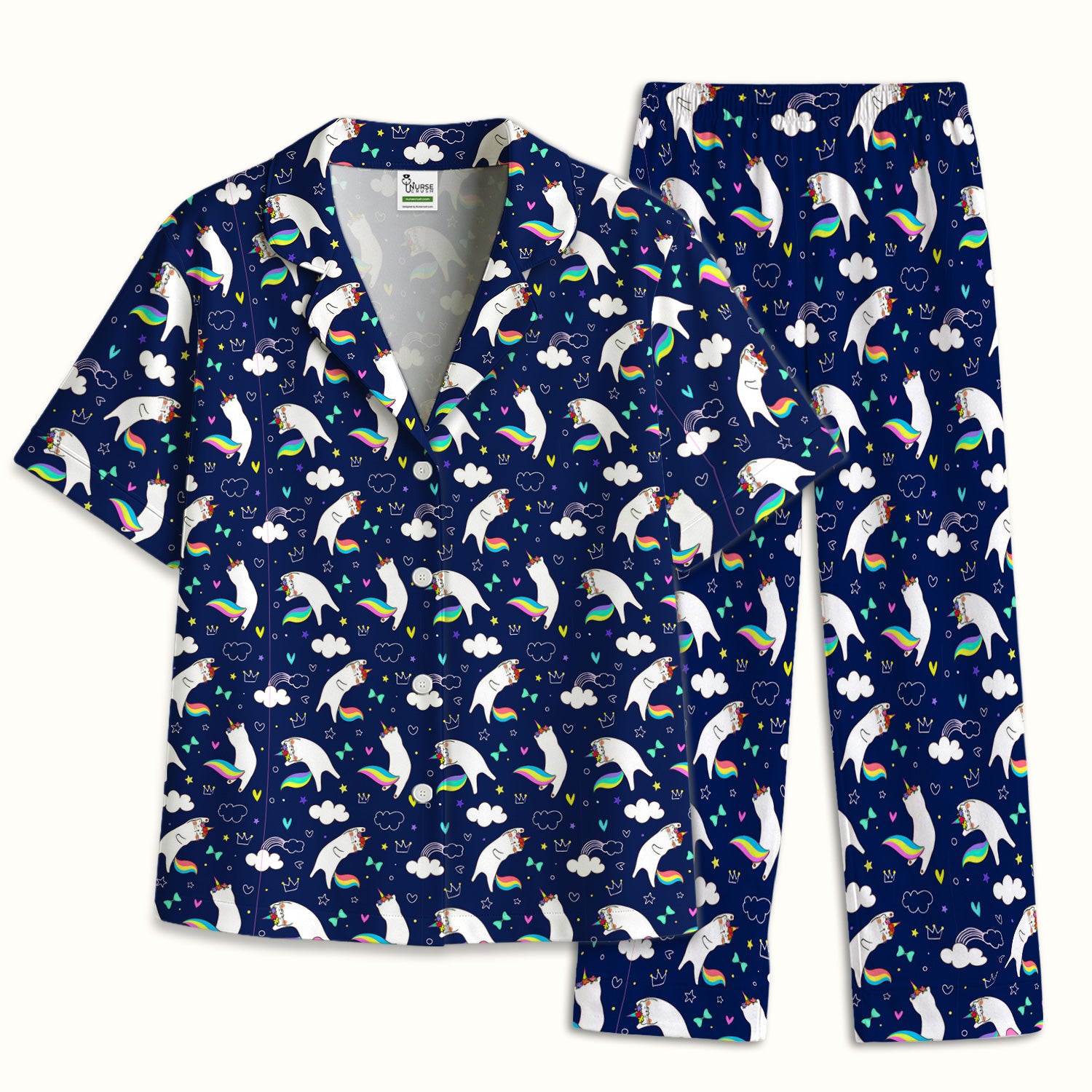 Unicorn Cat With Rainbow Tail Clouds Pajama Set, Soft Breathable Fabric Comfortable Sleepwear