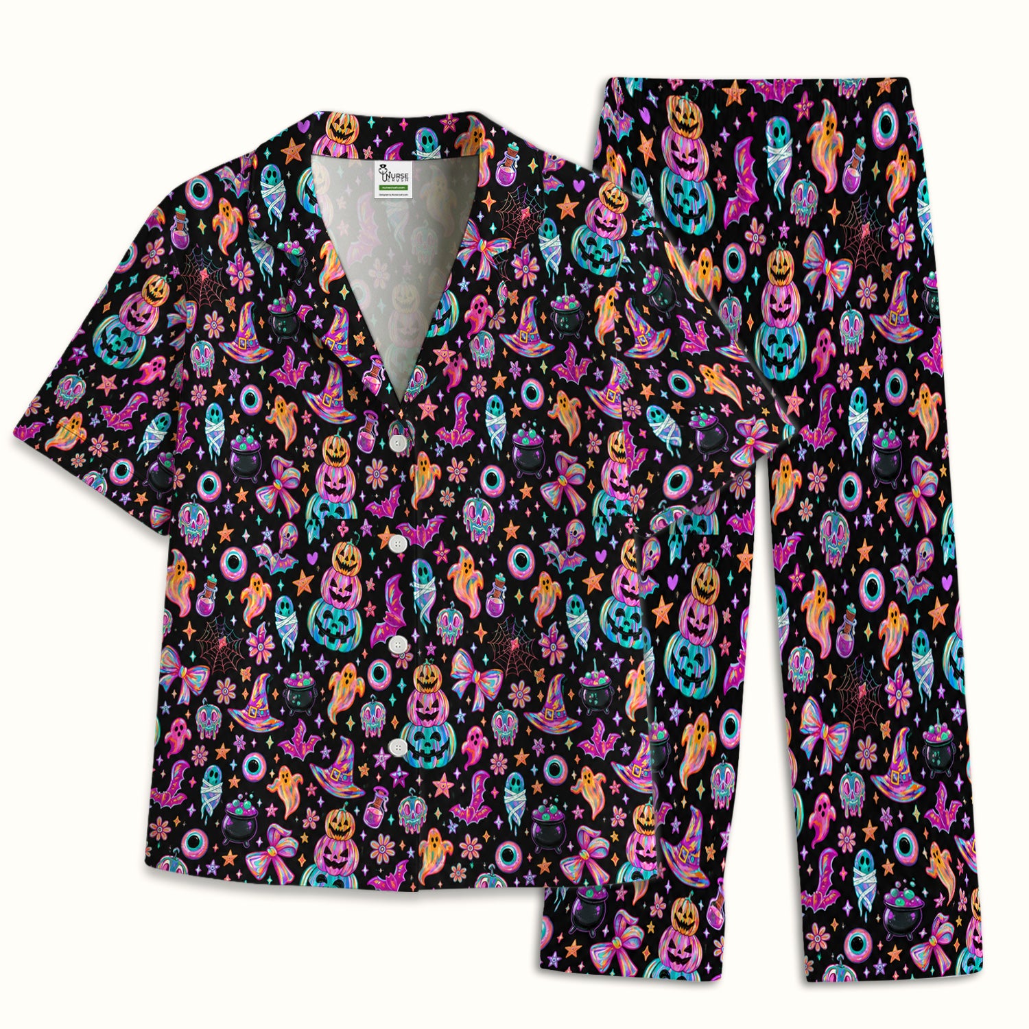 Halloween Ghost with Pumpkin Bat Print Pajama Set, Soft Breathable Fabric Comfortable Sleepwear